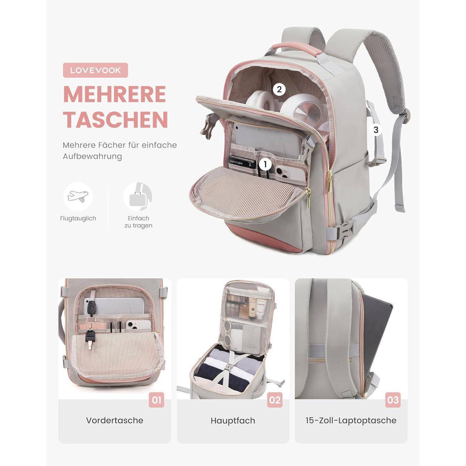 Handgepäck Rucksack Reiserucksack 45x36x20 Grau+rosa 45x36x20cm