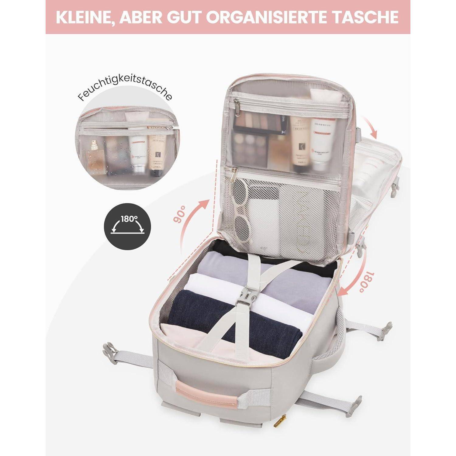 Eine offene Reisetasche, die ordentlich organisierte Fächer für Toilettenartikel und Kleidung zeigt und dabei ihr kompaktes und effizientes Design betont.