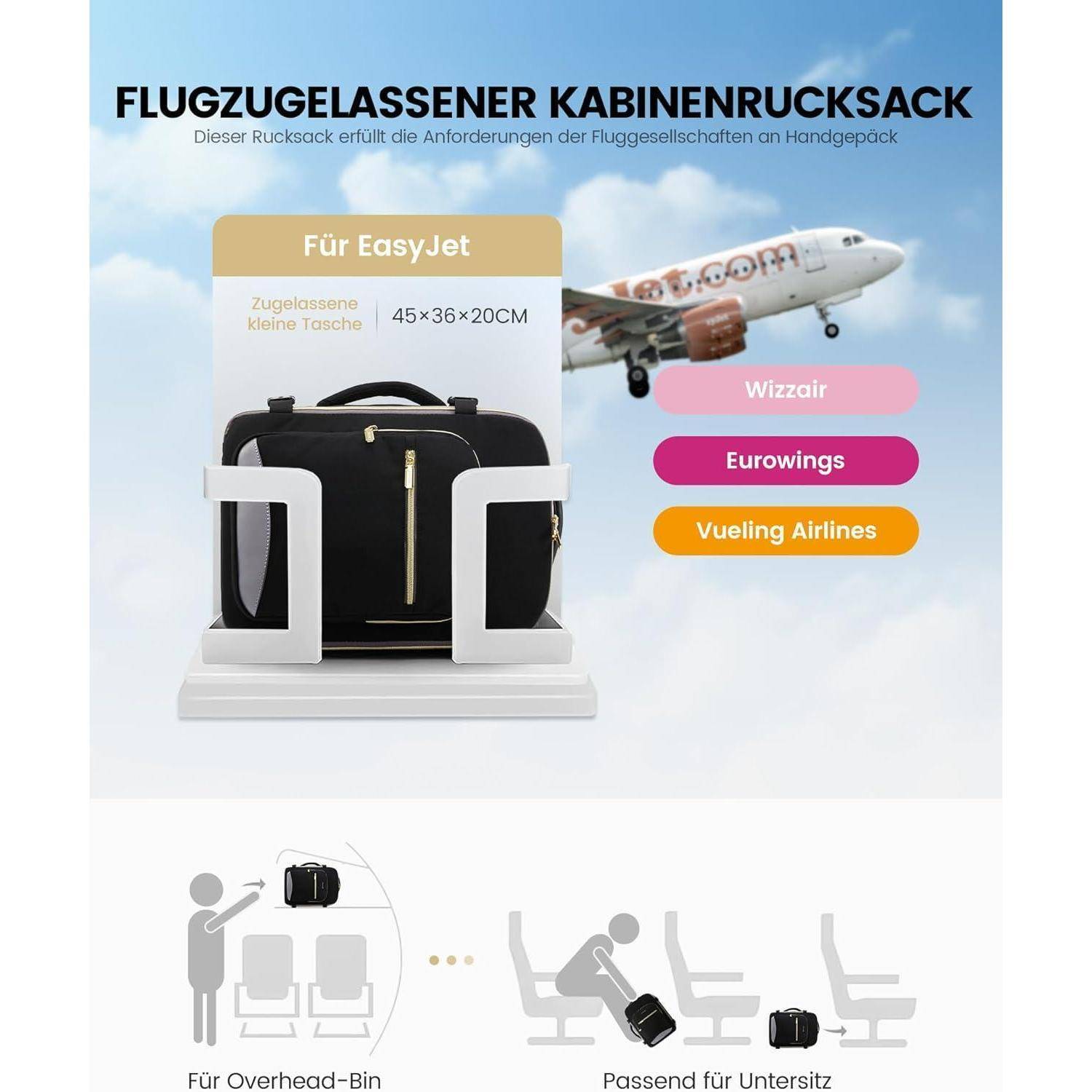 Handgepäck Rucksack 45x36x20 Ryanair Eurowings Schwarz+grau 45x36x20cm