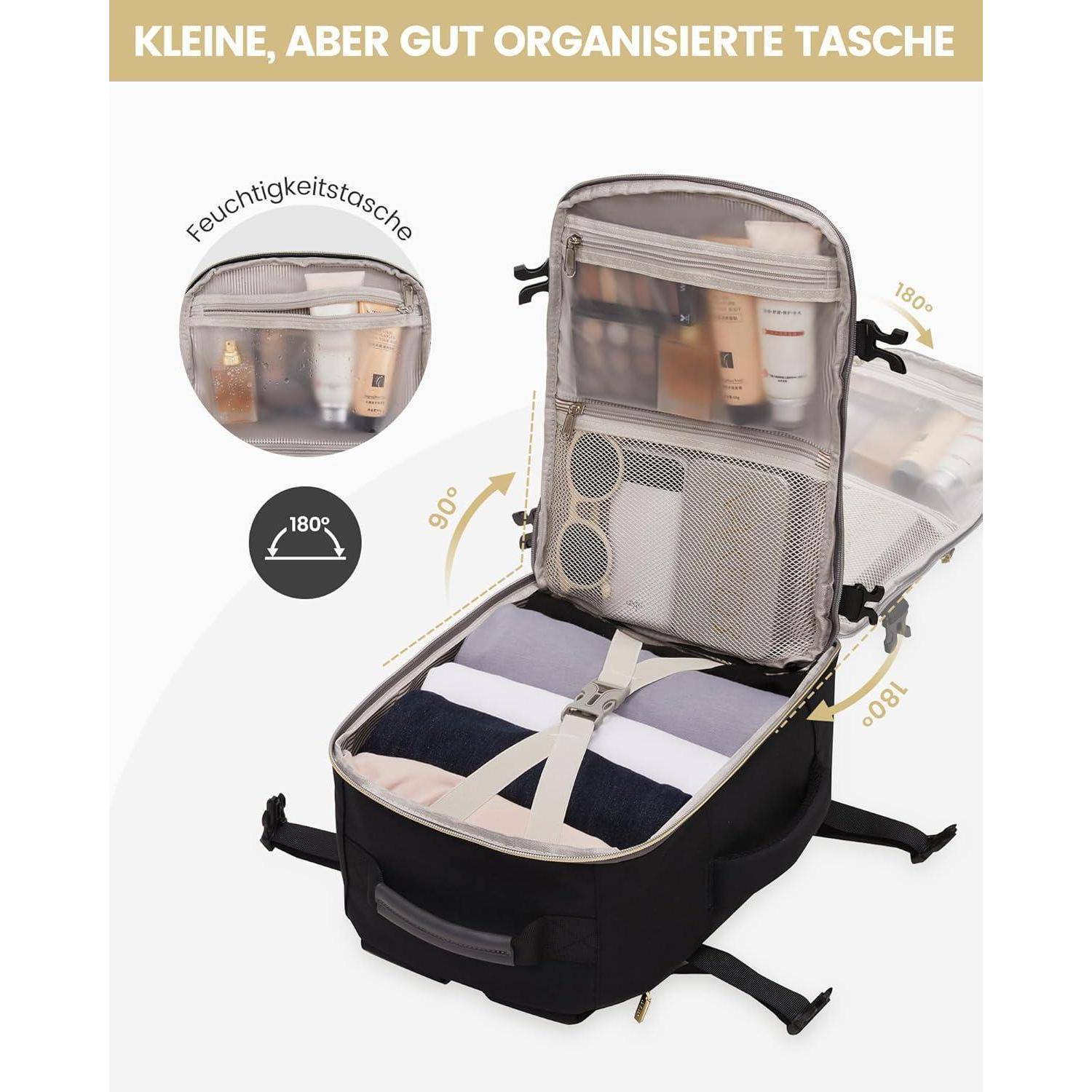Eine kleine, gut organisierte Kulturtasche mit Fächern zur Aufbewahrung. Die geöffnete Tasche zeigt sorgfältig angeordnete Toilettenartikel und eine Feuchtigkeitstasche.