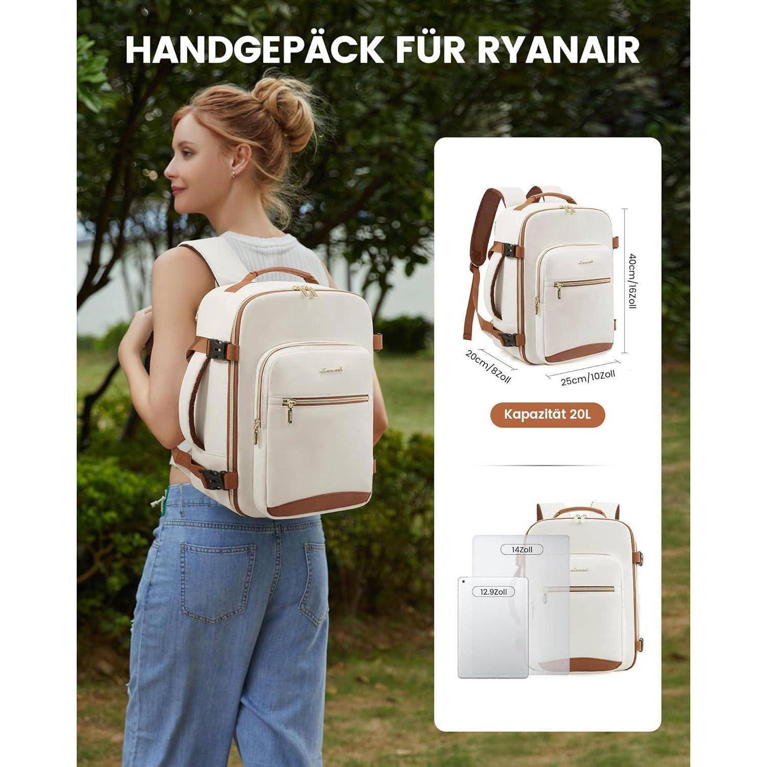 Rucksack Handgepäck 40x20x25 Ryanair Laptop Beige+braun 40x20x25cm