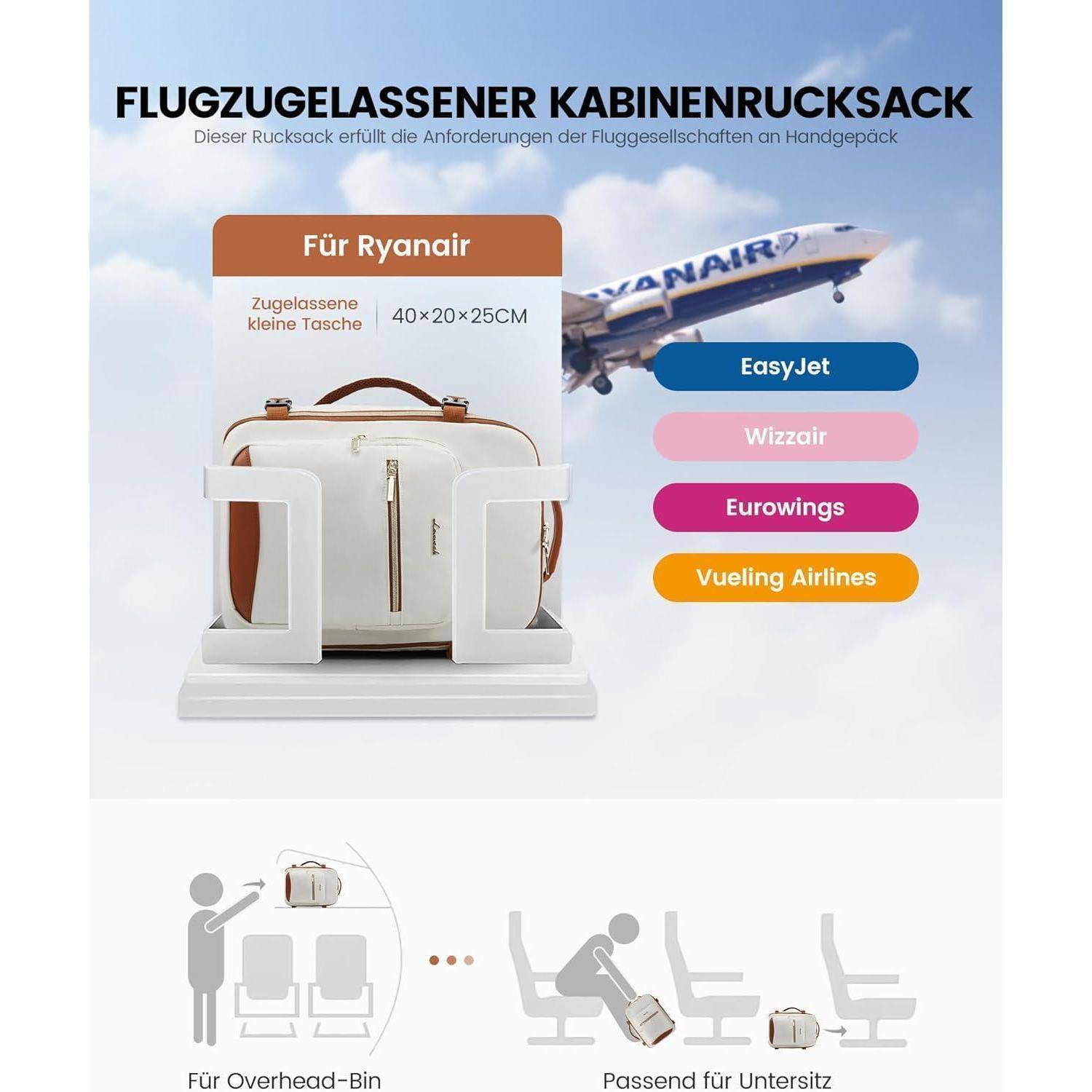 Rucksack Handgepäck 40x20x25 Ryanair Laptop Beige+braun 40x20x25cm