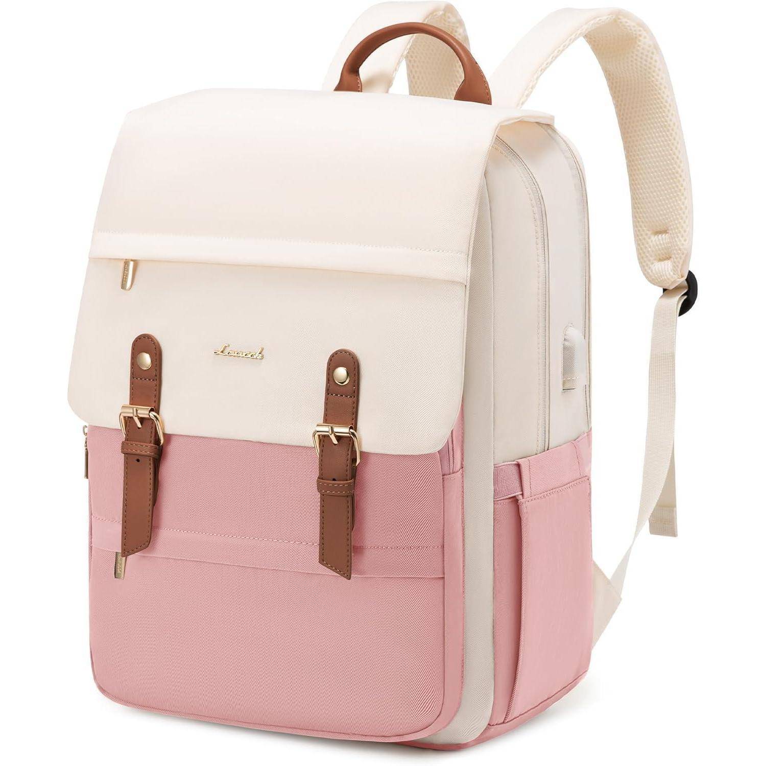 Ein stilvoller Rucksack mit cremefarbenem Oberteil und rosa Basis. Er verfügt über braune Träger und Metallschnallen, ideal für Mode oder Schulgebrauch.