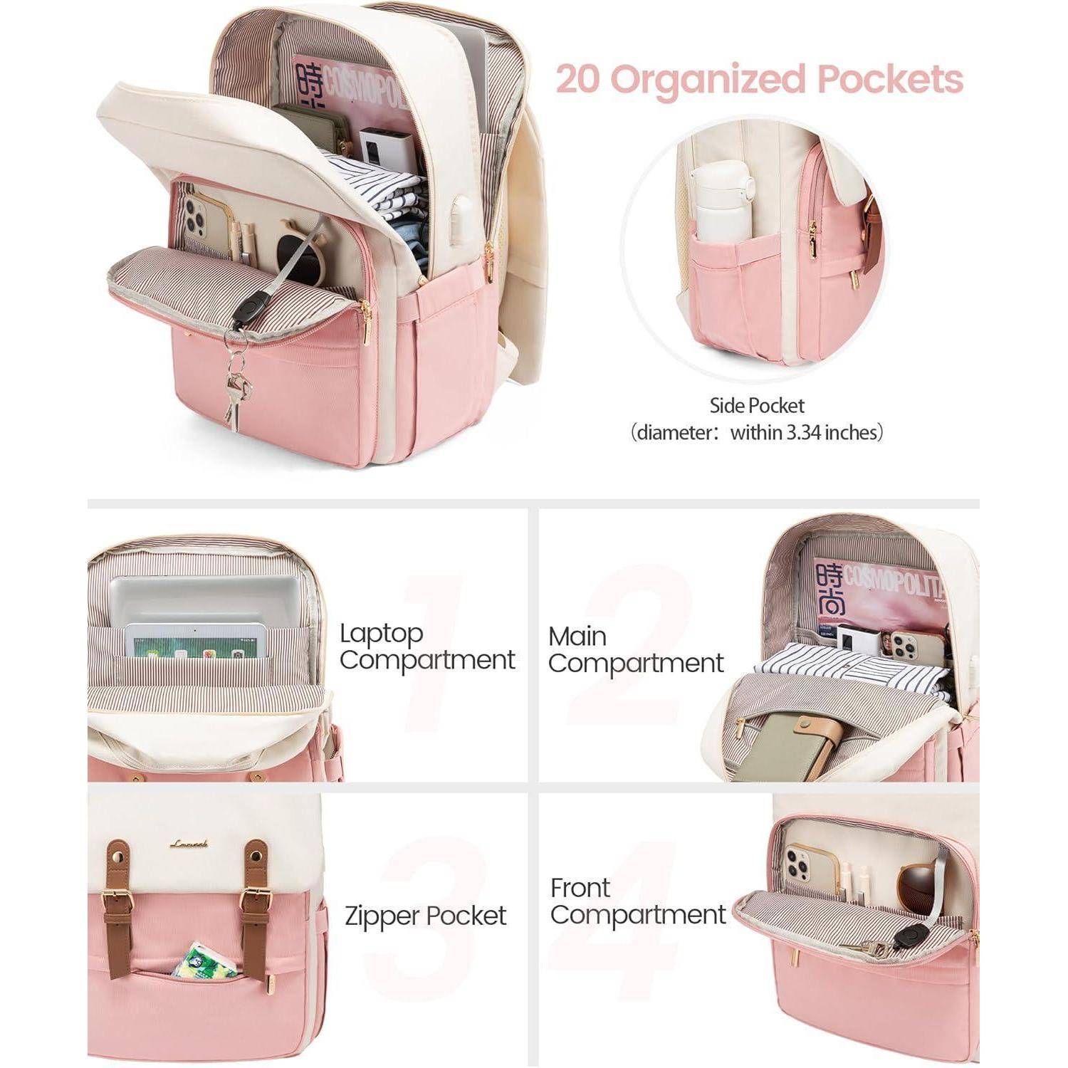 Rosa Rucksack mit '20 organisierten Fächern', inklusive Laptopfach, Hauptfach, Reißverschlusstasche und Vorderfach.