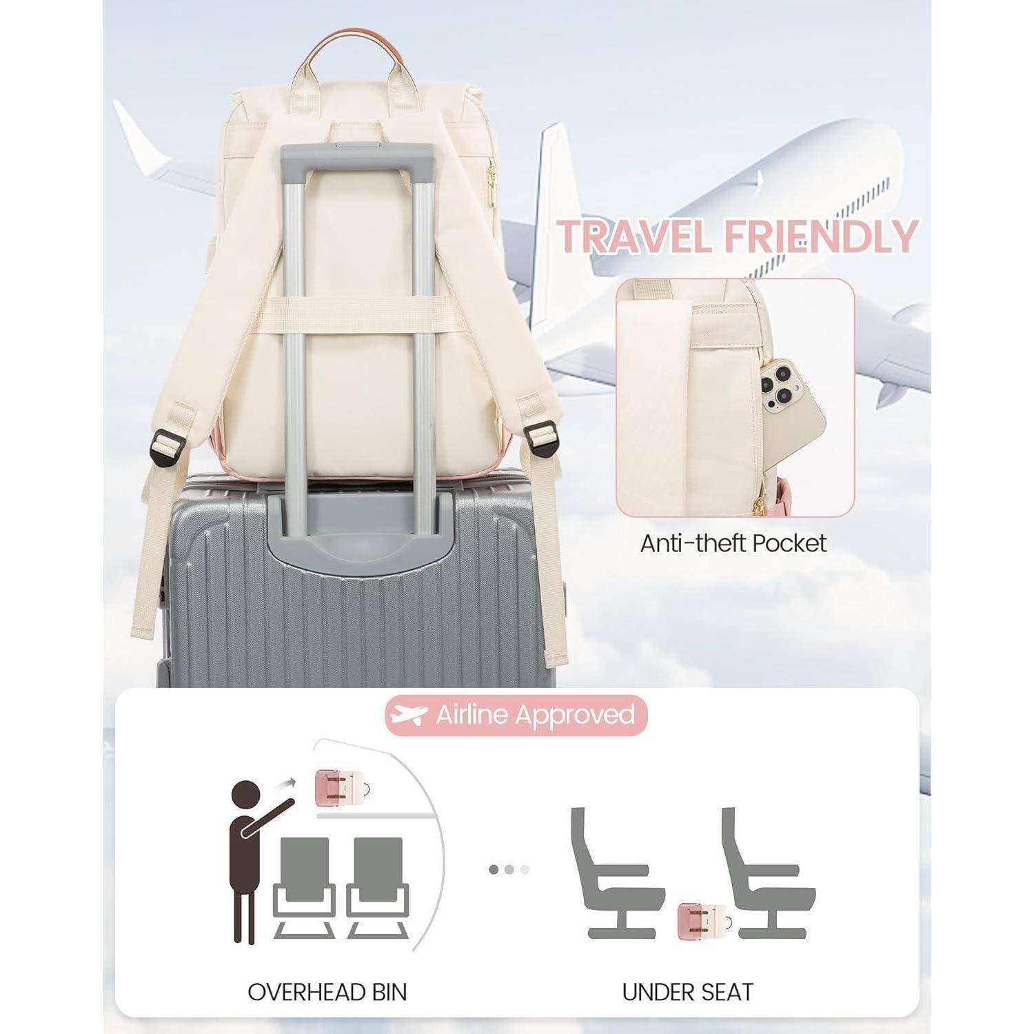 Reisefreundlicher beiger Rucksack mit Kofferriemen, Diebstahlschutz-Tasche, geeignet für Gepäckablagen und Stauraum unter dem Sitz.