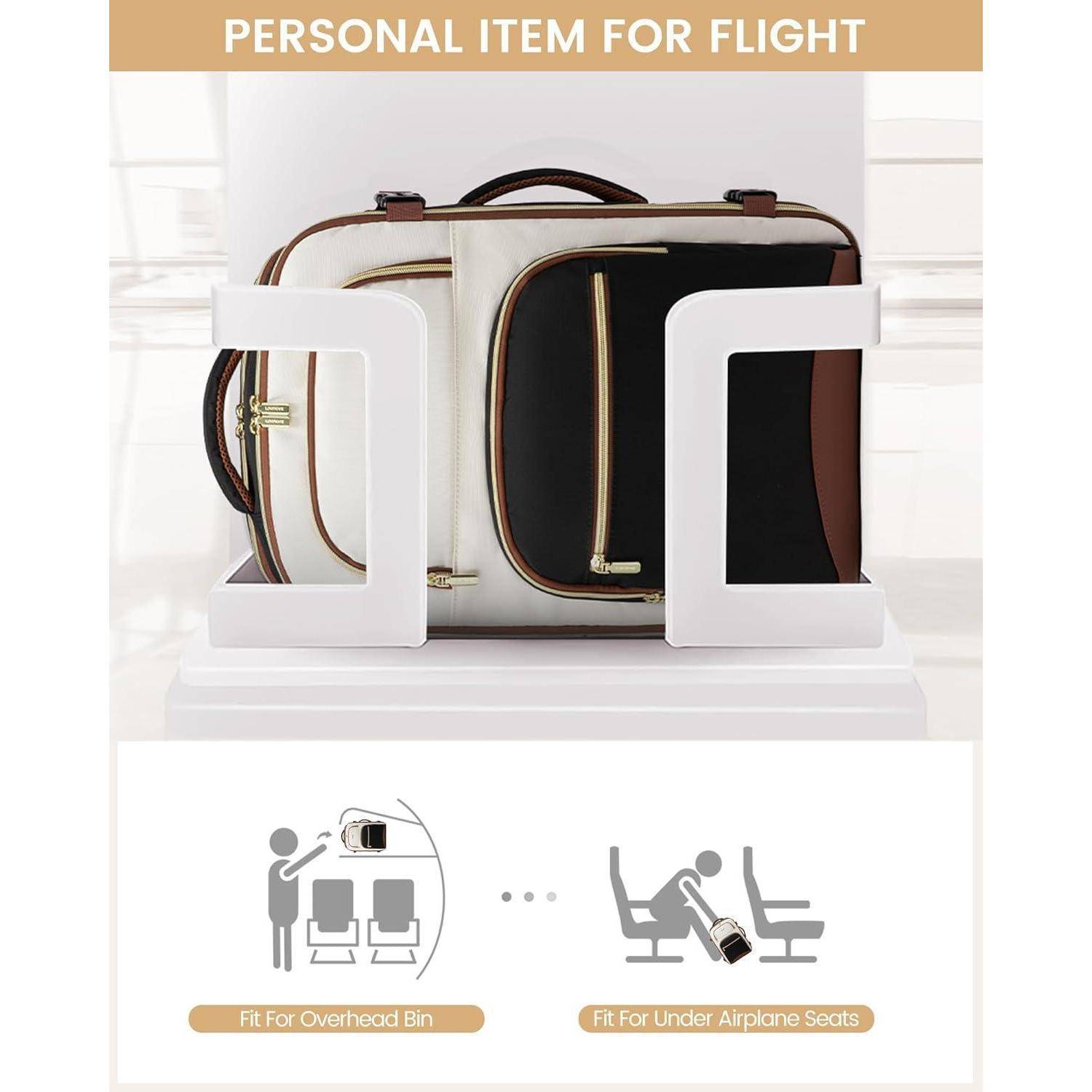 Persönlicher Gegenstand für Flüge' zeigt einen Beutel, der in das Gepäckfach und unter die Flugzeugsitze passt. Veranschaulicht seine Vielseitigkeit für Reisezwecke.