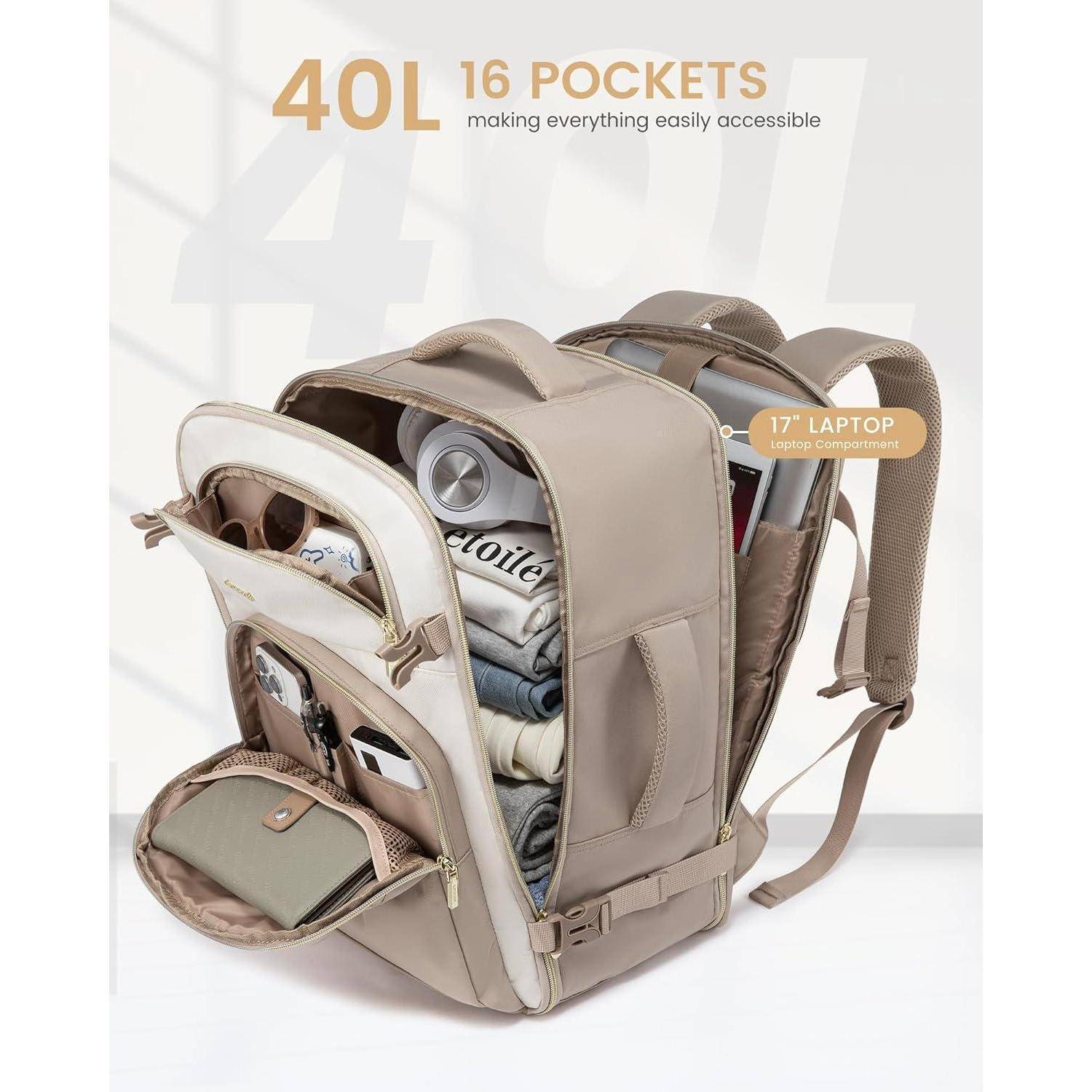 Rucksack Handgepäck 40L Reiserucksack 17 Zoll 17.3 zoll Khaki Beige