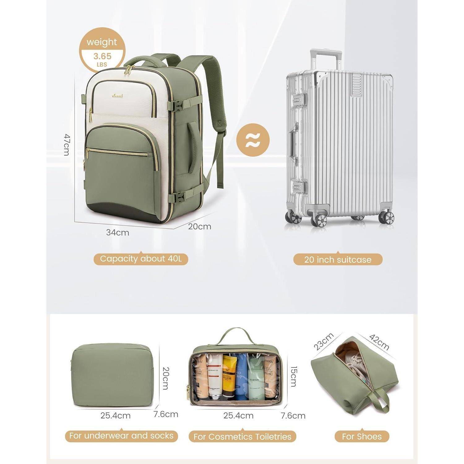 Rucksack Handgepäck 40L Laptopfach 17.3 zoll Bohnengrün beige