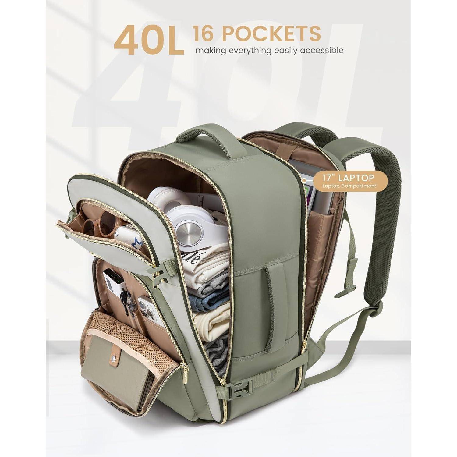 Rucksack Handgepäck 40L Laptopfach 17.3 zoll Bohnengrün beige