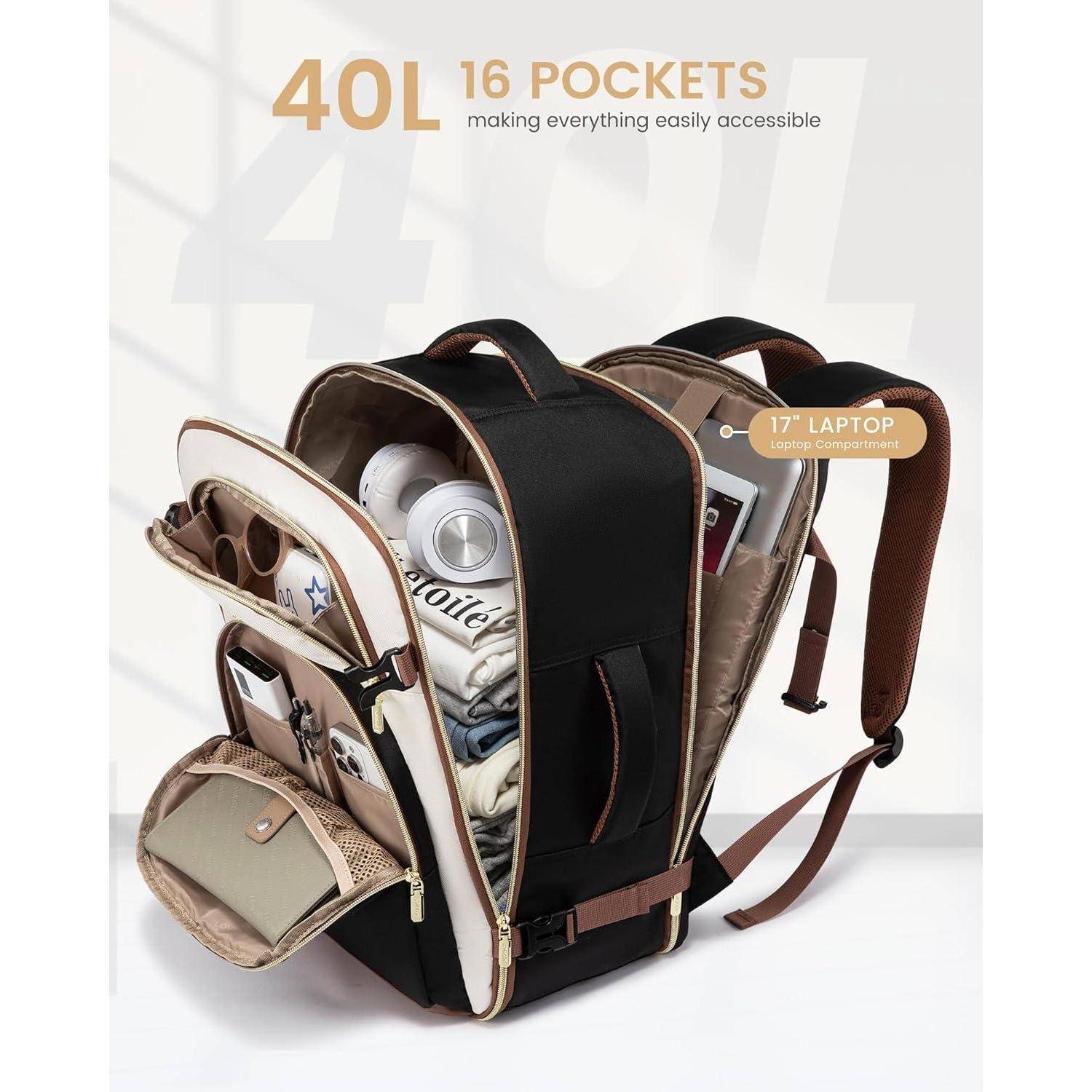 Ein schwarzer und beige Rucksack mit 16 Taschen ist geöffnet und zeigt verschiedene Gegenstände. Der Text hebt eine Kapazität von 40 Litern hervor und passt einen 17-Zoll-Laptop.