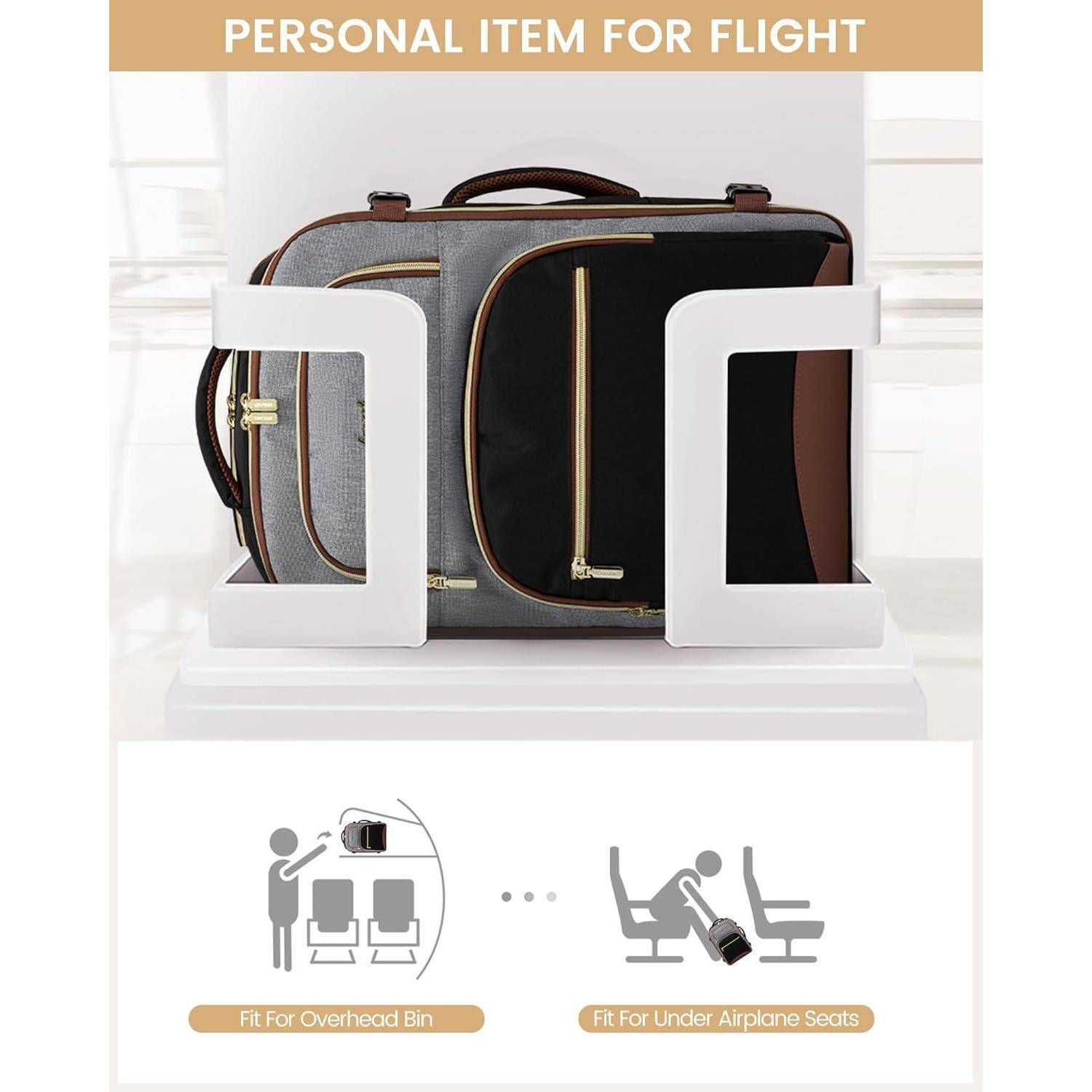 Gepäck passt in Gepäckablagen und unter Flugzeugsitze; zeigt Kompatibilität für persönliche Gegenstände während Flügen.