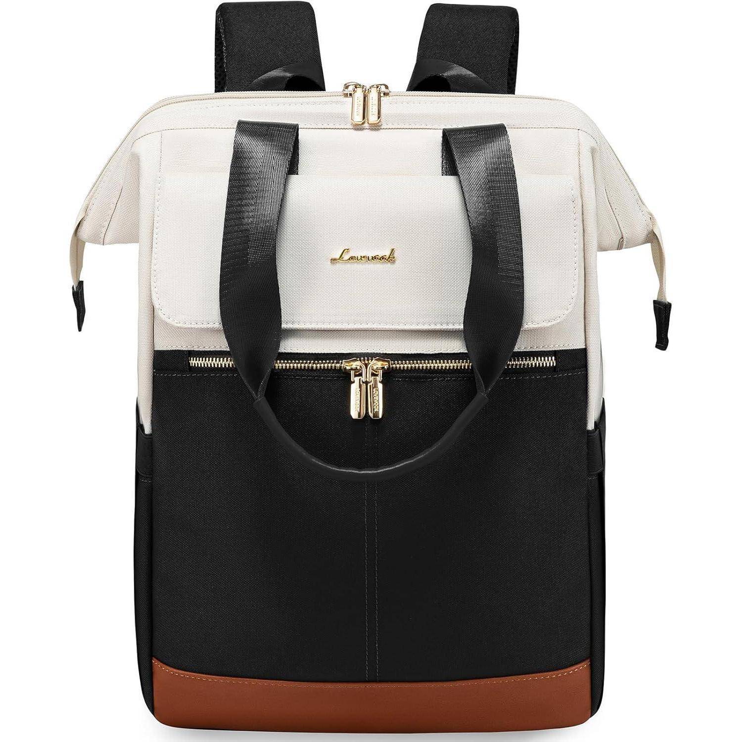 Ein mehrfarbiger Rucksack mit cremefarbenem Deckel, schwarzem Körper, Ledergriffen und brauner Basis, ausgestattet mit einer vorderen Tasche und Reißverschluss.