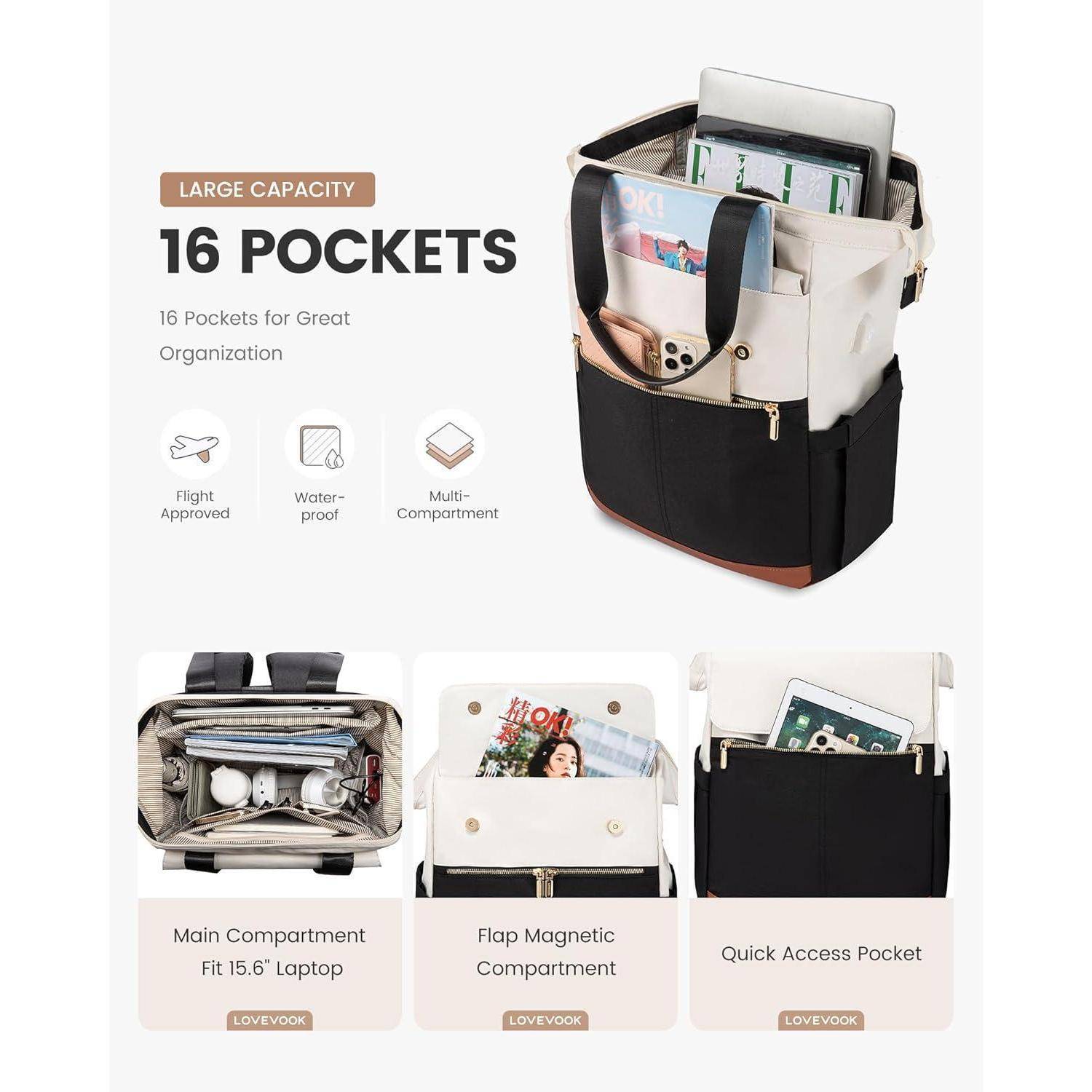 Tasche mit großer Kapazität, 16 Taschen zur Organisation. Merkmale umfassen wasserdicht, Multikompartiment, passt für 15,6-Zoll-Laptop, Schnellzugriffstasche.