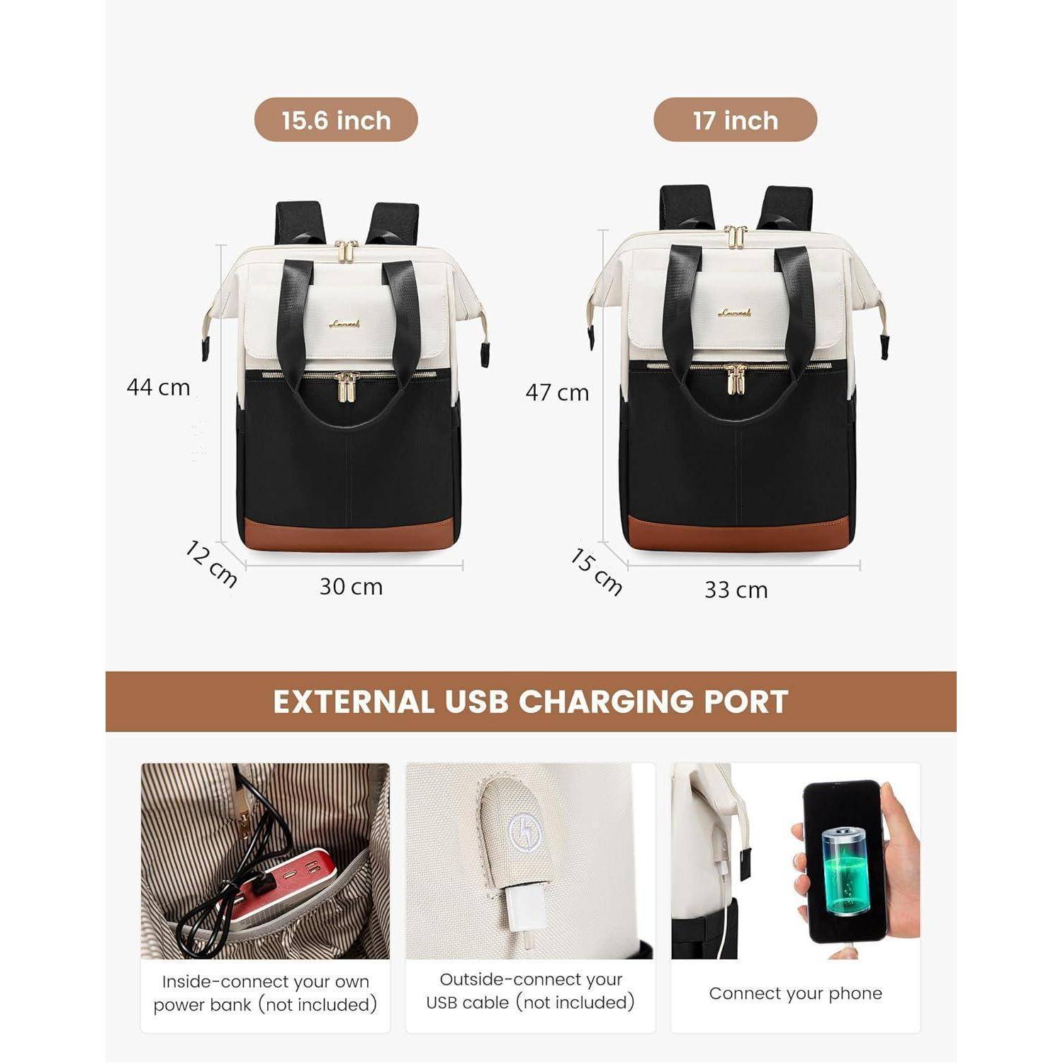Zwei Rucksäcke, beschrieben nach Größe: links 15,6 Zoll, rechts 17 Zoll. Hervorgehobene Merkmale umfassen einen externen USB-Ladeanschluss.