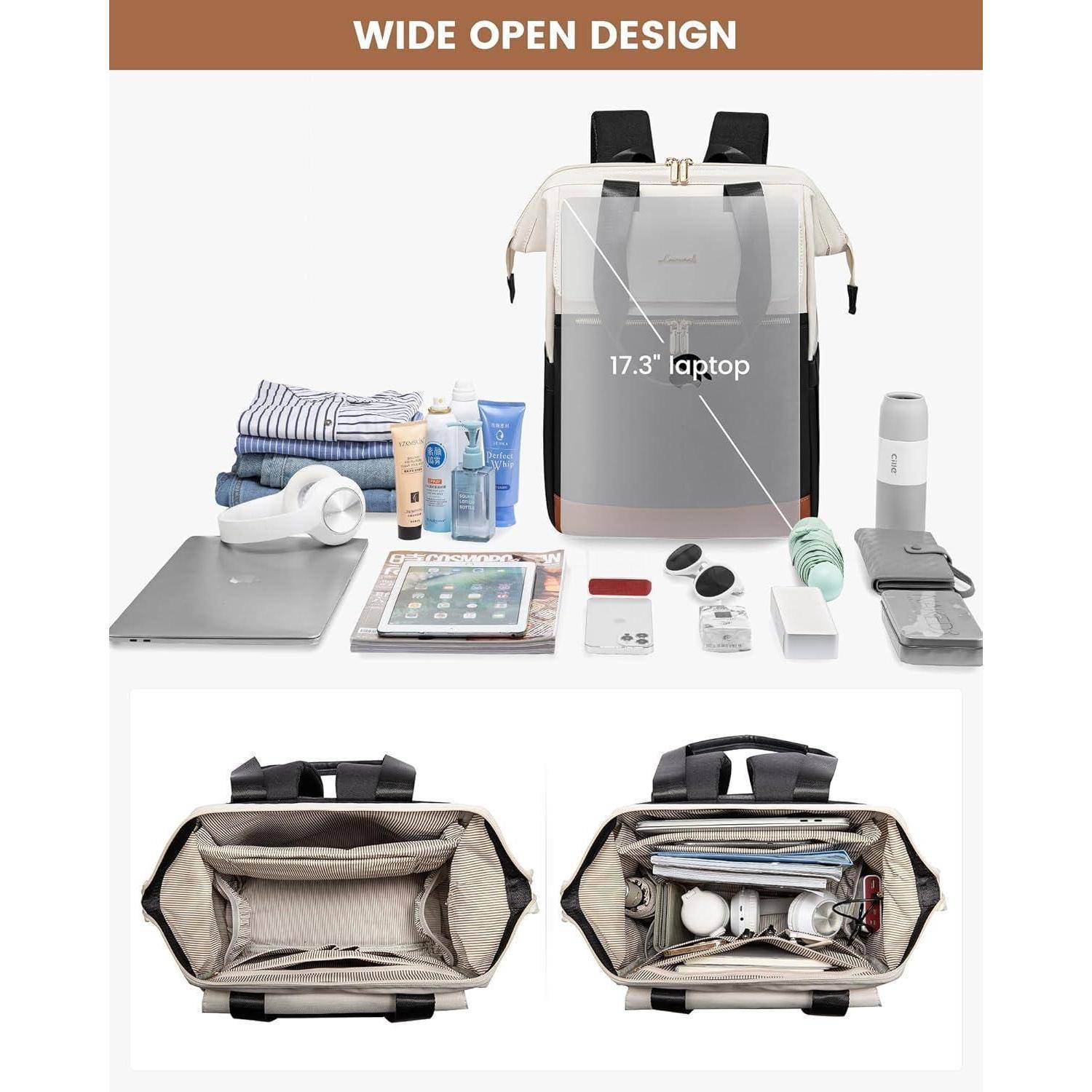 Weit geöffneter Rucksack mit übersichtlich arrangierten Inhalten: 17,3-Zoll-Laptop, Kleidung, Toilettenartikel, Elektronikgeräte und Zubehör ordentlich sortiert.