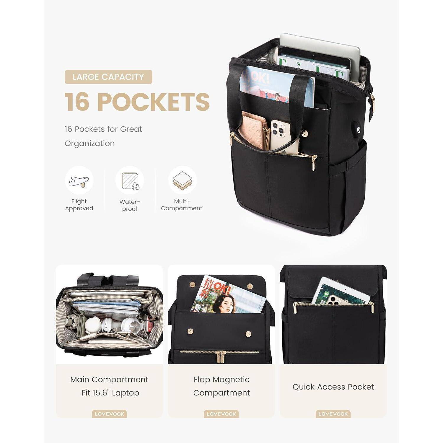 Schwarzer Schulrucksack Damen 15,6 Zoll Laptopfach Stadt-Rucksack