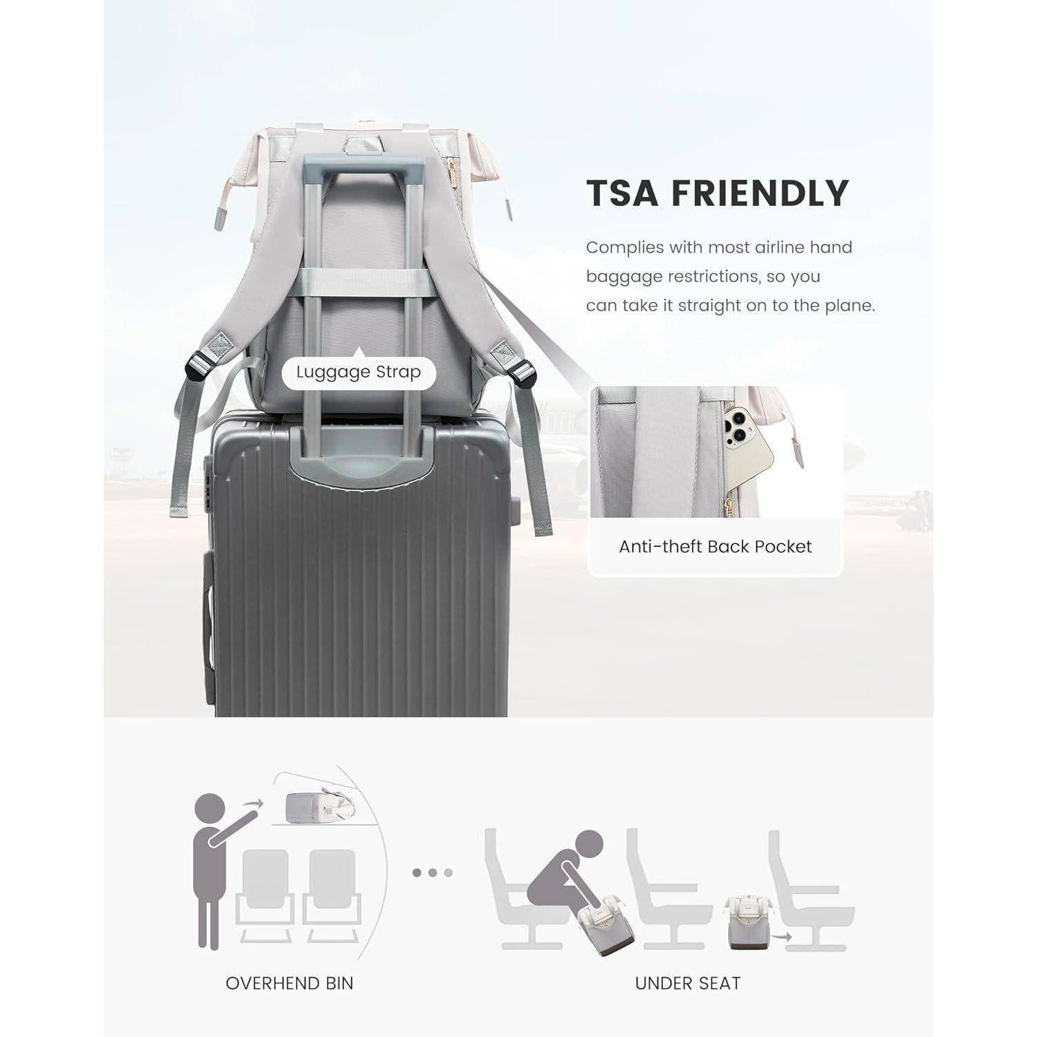 Rucksack mit folgenden Merkmalen: passt über Gepäckgriff, verfügt über diebstahlsichere Rückentasche. Abbildung zeigt, wie der Rucksack in Gepäckablagen und unter Sitzen passt.