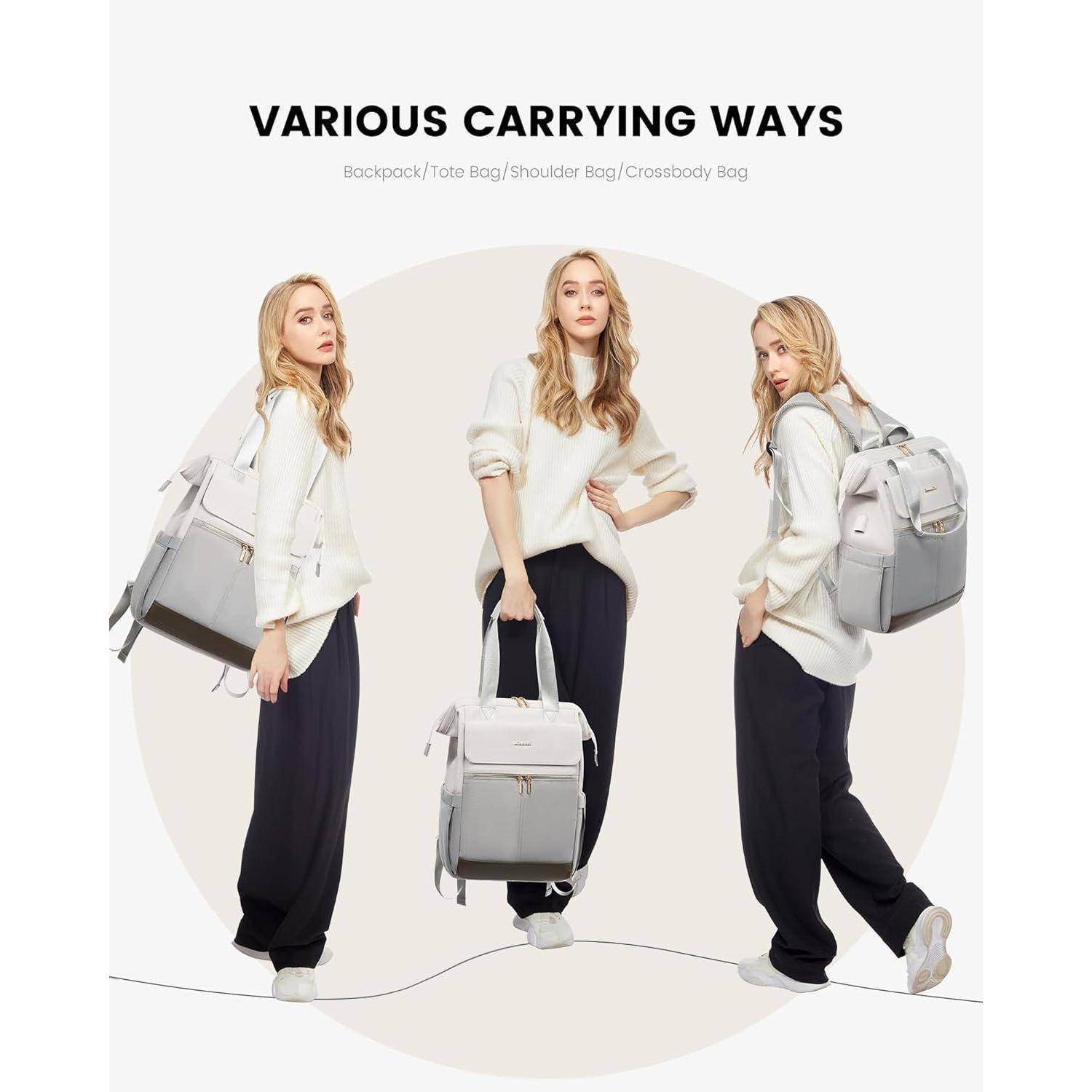 Eine Person demonstriert drei Möglichkeiten, eine graue Tasche zu tragen: als Rucksack, Tragetasche und Umhängetasche. Text lautet: „Verschiedene Tragemöglichkeiten