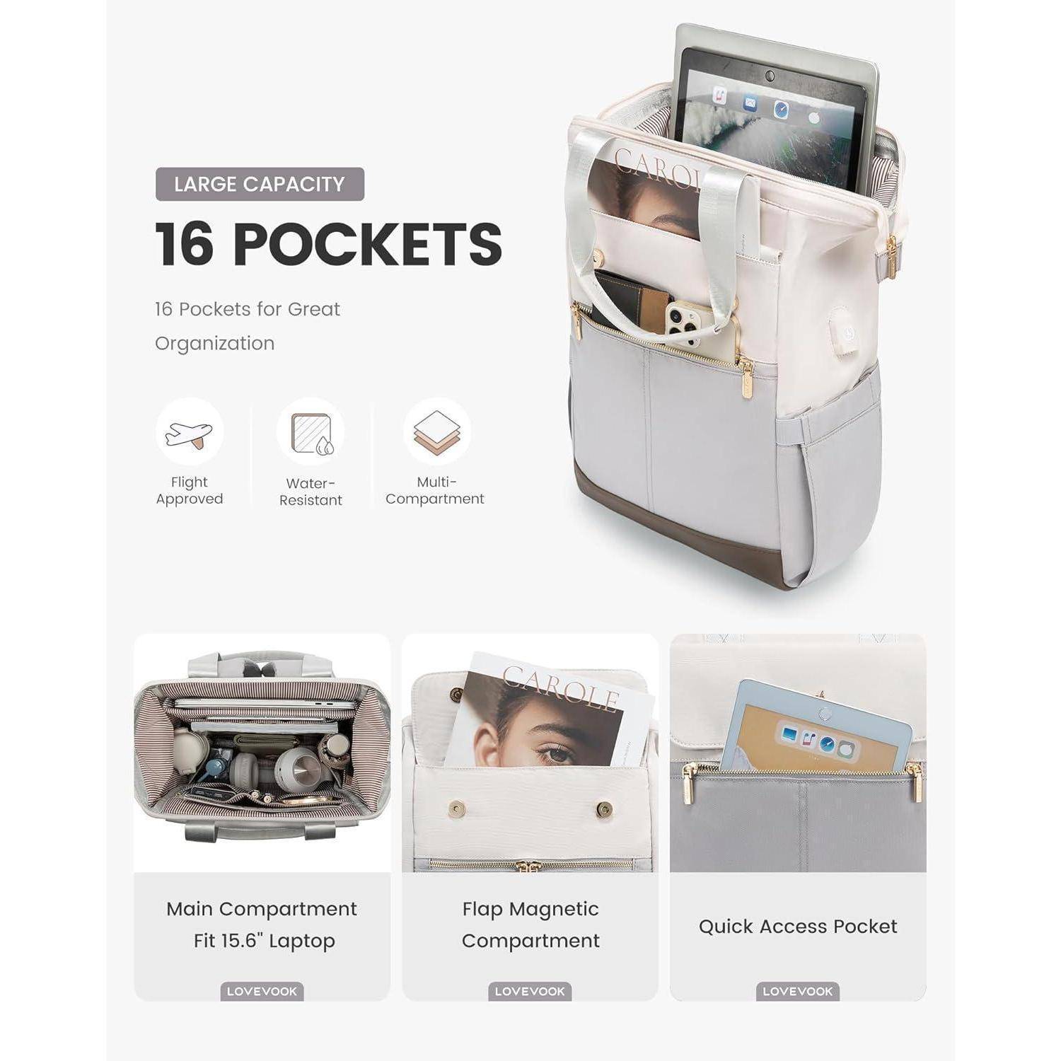 Großer Rucksack mit hoher Kapazität und 16 Taschen, geeignet für Laptops bis 15,6 Zoll. Merkmale umfassen Flugtauglichkeit, Wasserresistenz und ein Mehrfach-Fachdesign.