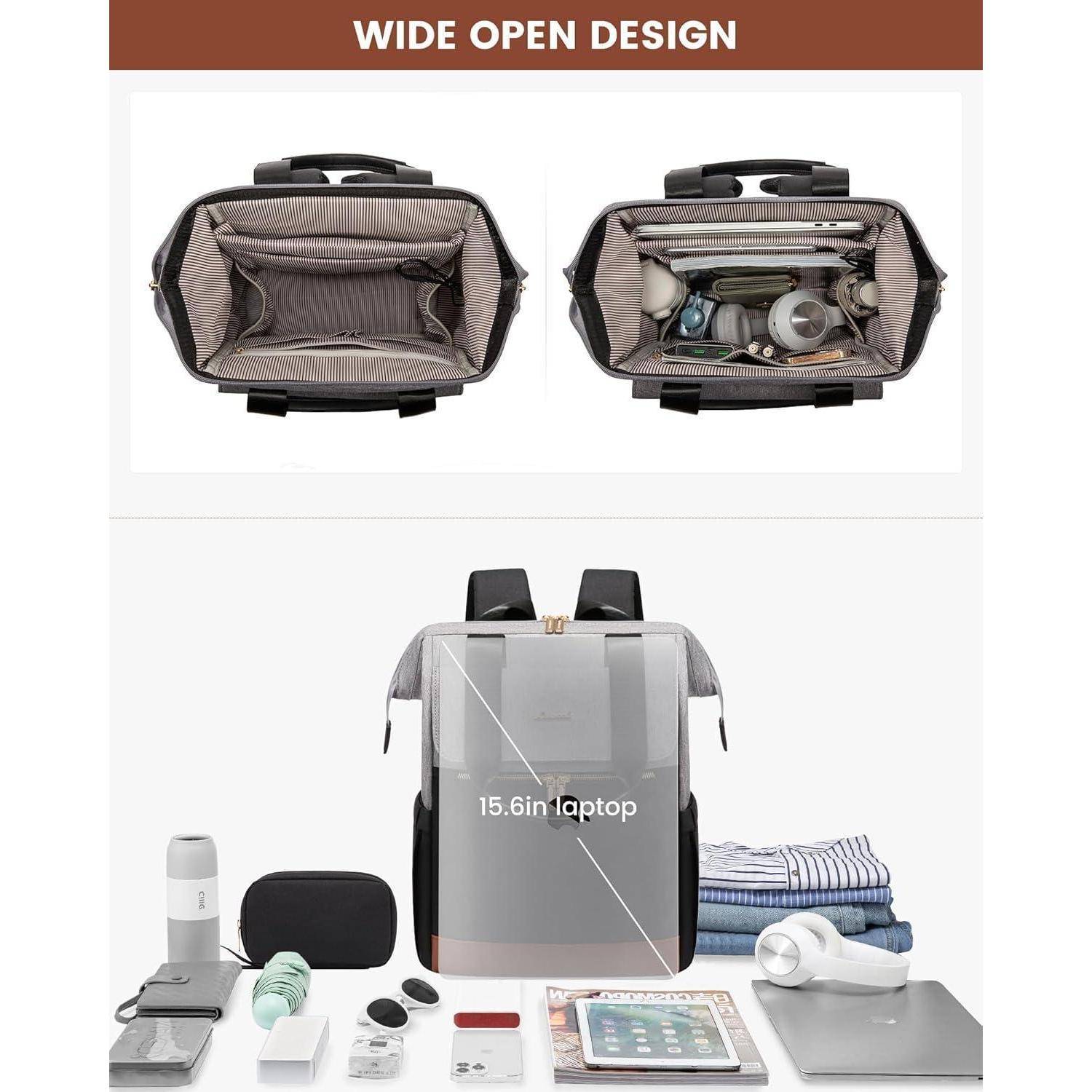 Design-Rucksack mit offener Konstruktion, gezeigt in zwei Draufsichten: eine leere Ansicht und eine mit Gegenständen bestückte. Passt für Laptops bis 15,6 Zoll, verschiedene Ausrüstungsgegenstände dargestellt.