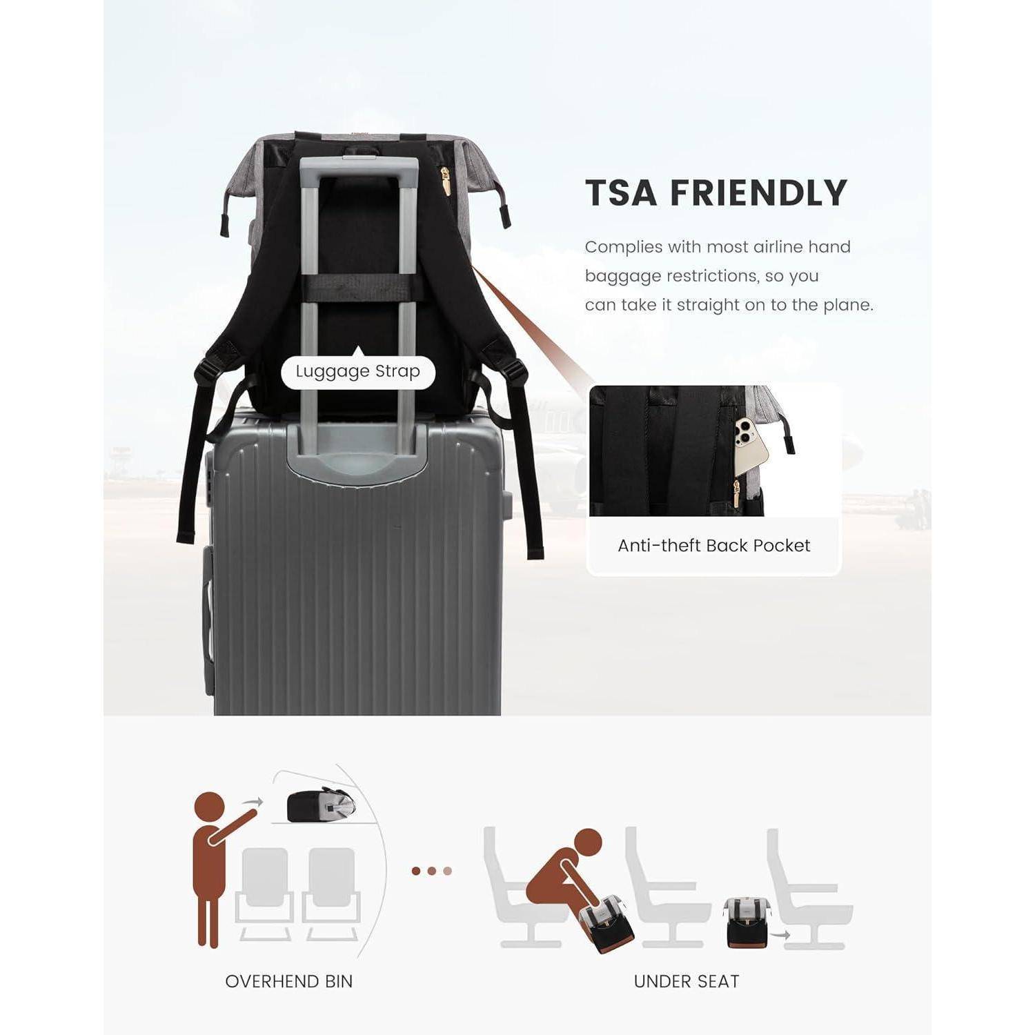 Rucksack, der am Griff eines Koffers befestigt ist und die Reisefreundlichkeit veranschaulicht, mit hervorgehobenen TSA-konformen und diebstahlsicheren Eigenschaften.