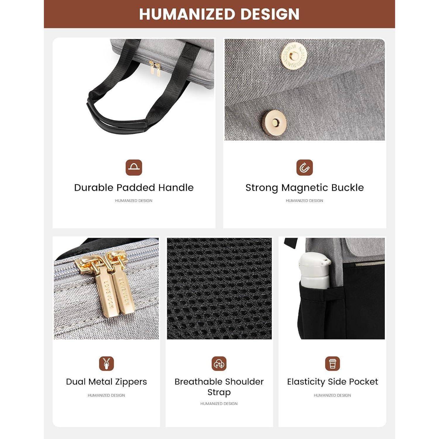 Das Design mit dem Schwerpunkt auf Menschlichkeit umfasst einen robusten gepolsterten Griff, eine starke magnetische Schnalle, zwei Metallreißverschlüsse, einen atmungsaktiven Schultergurt und eine elastische Seitentasche.