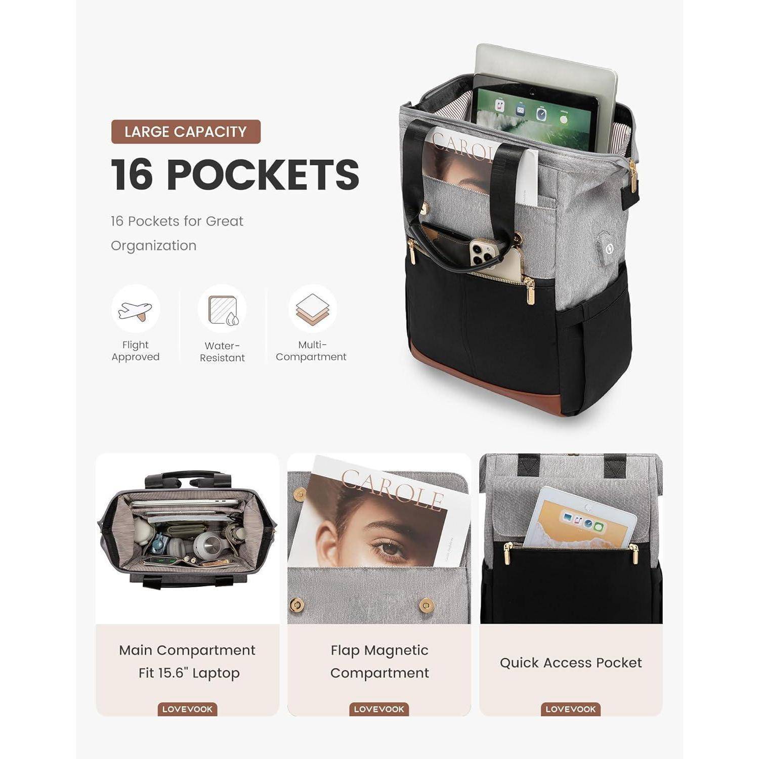 Große Tasche mit hoher Kapazität und 16 Taschen. Zu den Merkmalen gehören Flugzulassung, Wasserresistenz und mehrere Fächer zur Organisation.