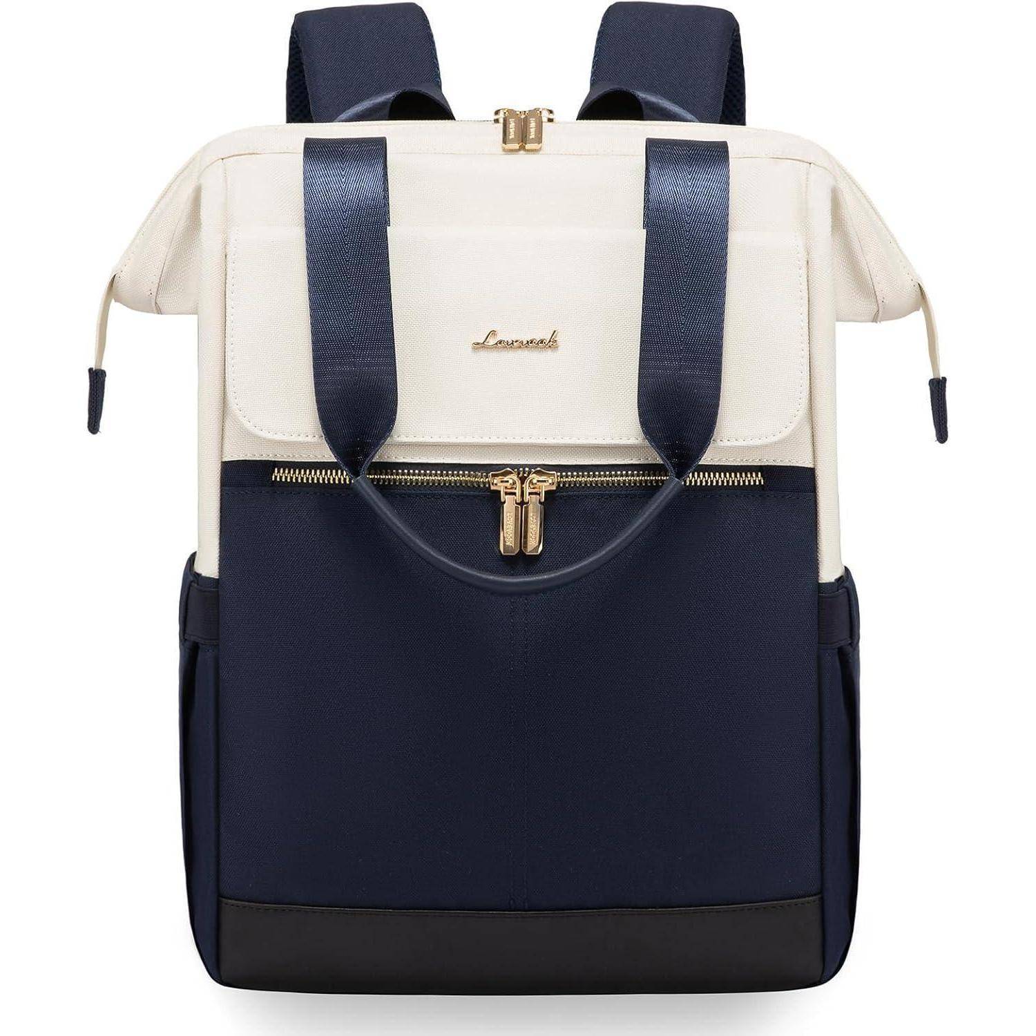Ein stilvoller zweifarbiger Rucksack in den Farben Navy und Creme, ausgestattet mit zwei vorderen Reißverschlüssen und zwei Seitentaschen, geeignet für den täglichen Gebrauch.