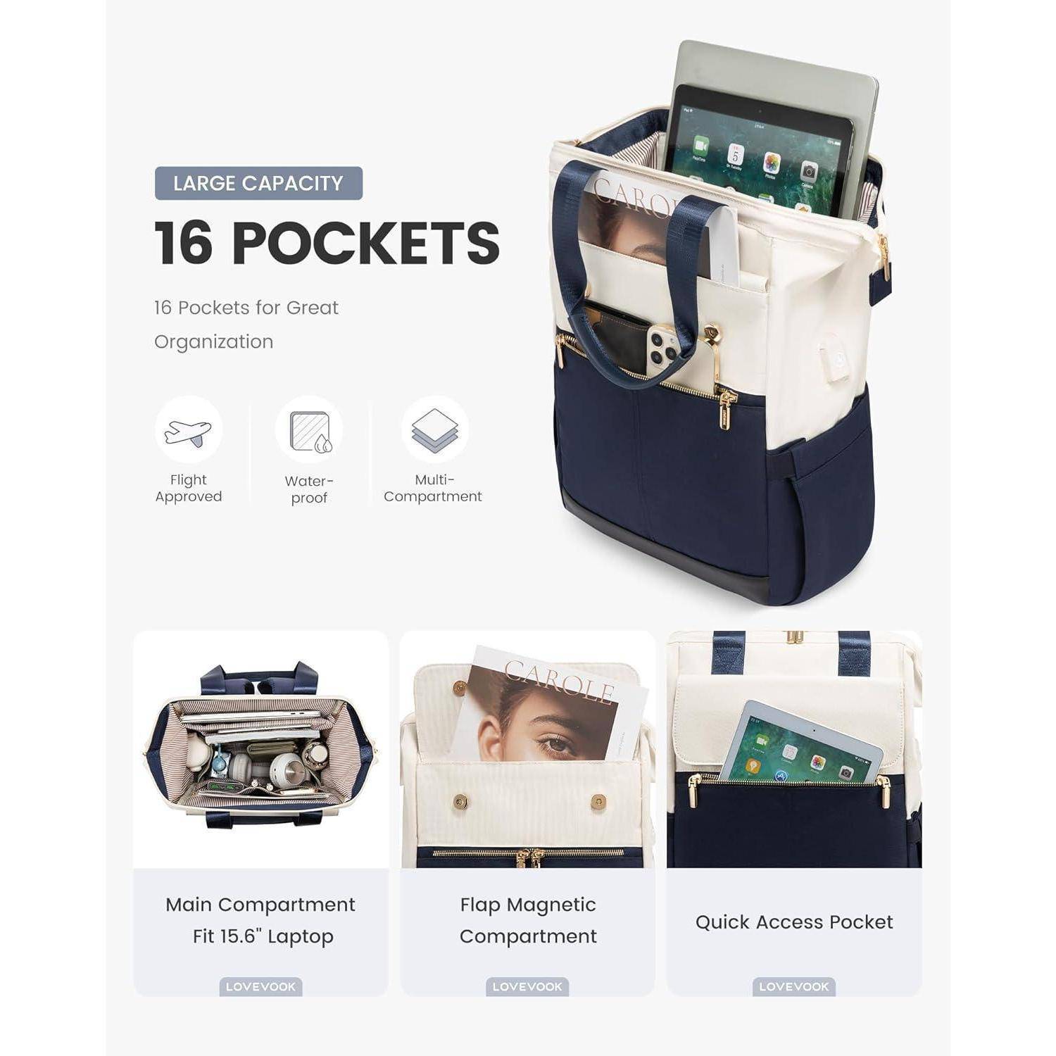 Große Tasche mit hoher Kapazität und 16 Taschen zur Organisation. Vorgestellte Funktionen: Hauptfach für Laptop bis 15,6 Zoll, magnetisches Klapptaschenfach, schnell zugängliche Tasche. Wasserdicht und flugtauglich.