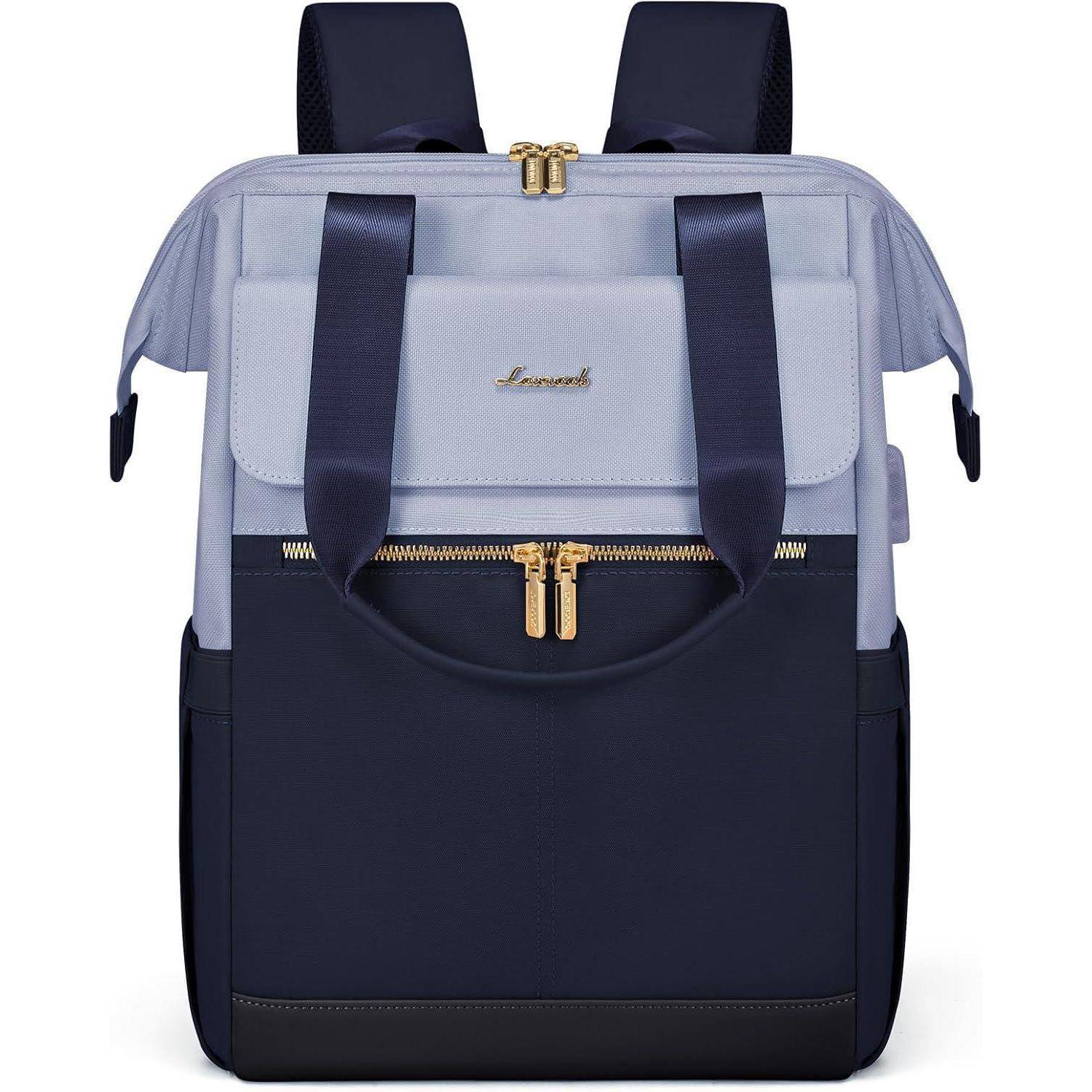 Ein blauer und marineblauer Rucksack mit goldenen Reißverschlüssen und Tragegriffen oben. Das Markenlogo befindet sich auf der vorderen Tasche.