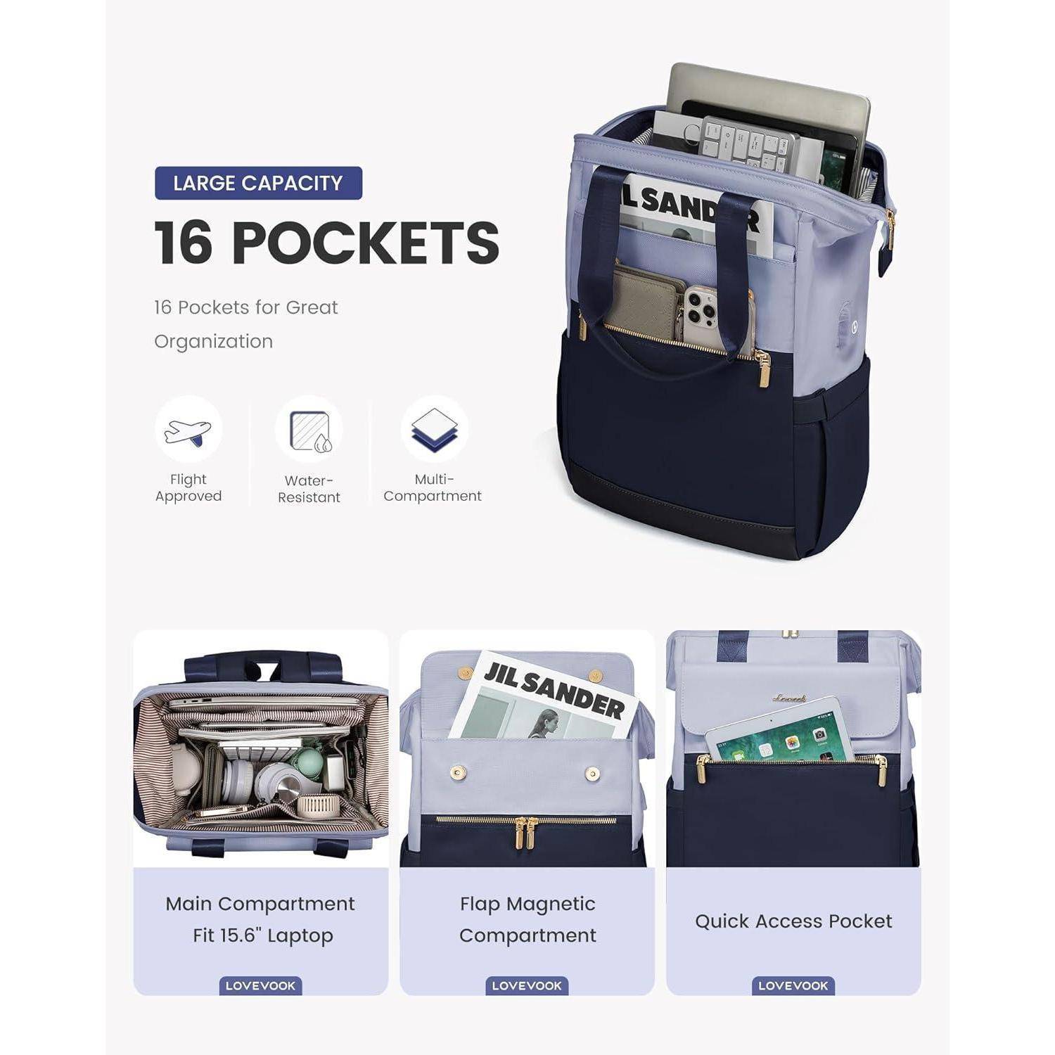 Tasche mit 'JIL SANDER' Aufschrift, 16 Taschen, großes Fassungsvermögen, flugzeugtauglich, wasserabweisend. Geeignet für Laptops bis 15,6 Zoll. Ausgestattet mit magnetischen und schnell zugänglichen Taschen.