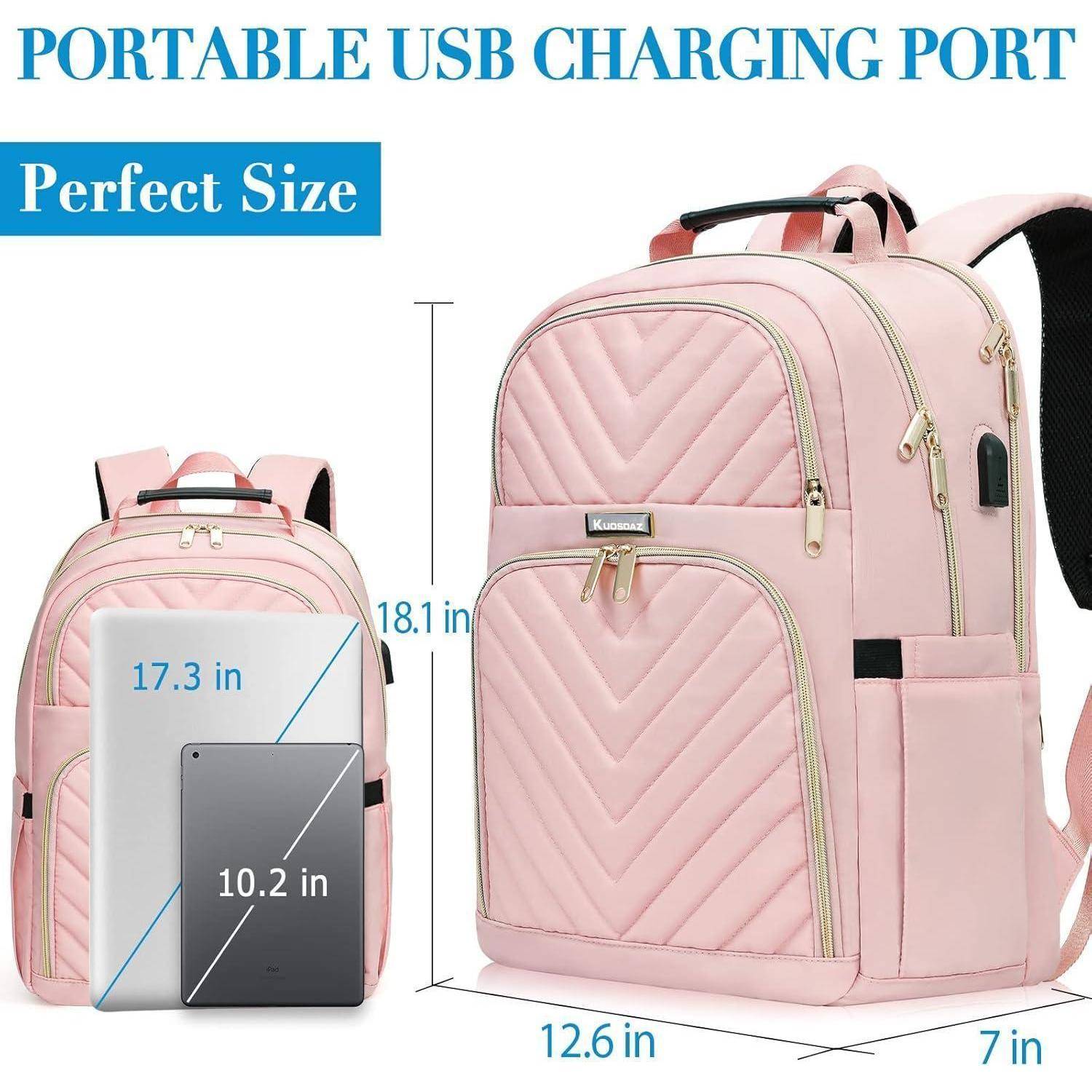 Rosa Rucksack mit 'Tragbarer USB-Ladeanschluss'-Funktion, mit beschrifteten Abschnitten, die die Abmessungen zeigen: 12,6 Zoll Breite, 18,1 Zoll Höhe und 7 Zoll Tiefe; geeignet für Geräte bis 17,3 Zoll.