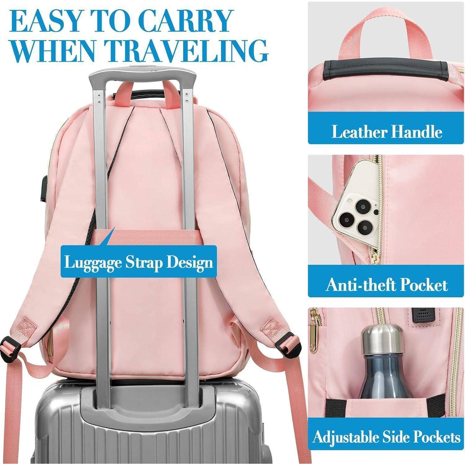 Ein rosa Rucksack auf einem Koffer mit Details: Gepäckgurt, Ledergriff, diebstahlsicheres Fach mit Telefon und verstellbare Seitentaschen.