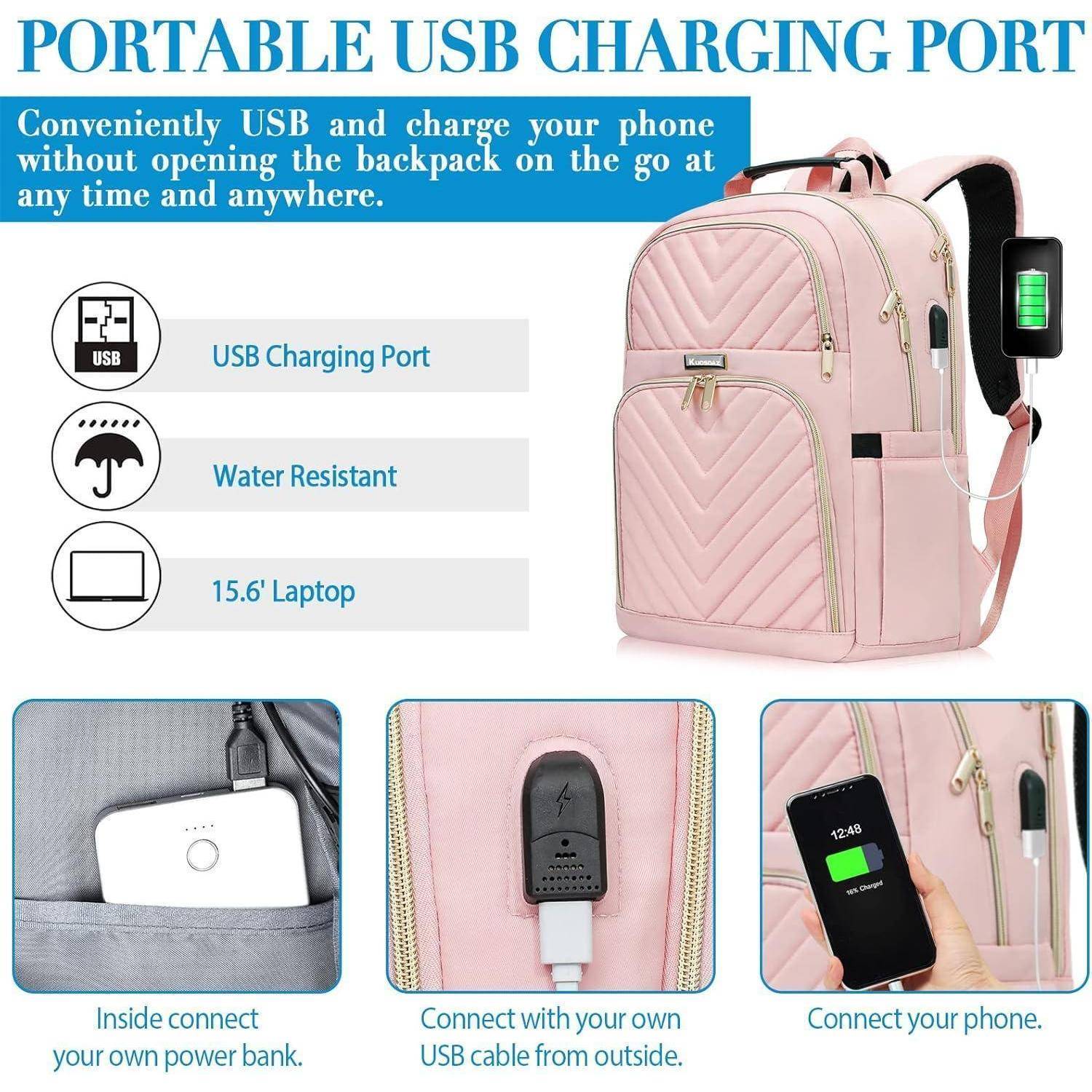 Rosa Rucksack mit tragbarer USB-Ladebuchse, wasserfestem Material, geeignet für 15,6-Zoll-Laptop, mit integrierter Handyladefunktion.