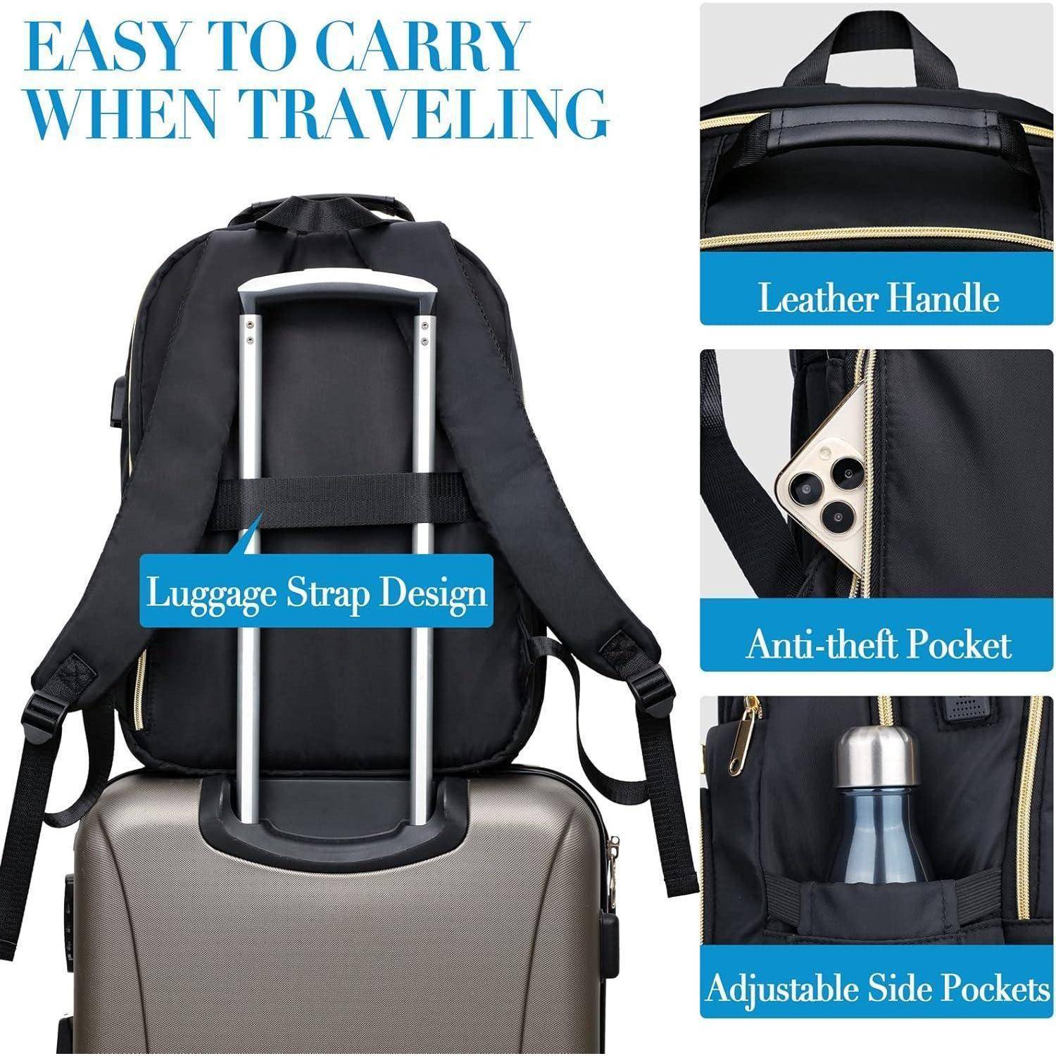 Reisefreundlicher Rucksack mit Ledergriff, diebstahlsicherer Handytasche, verstellbaren Seitentaschen und einem Gepäckgurtdesign, das am Koffer befestigt gezeigt wird.