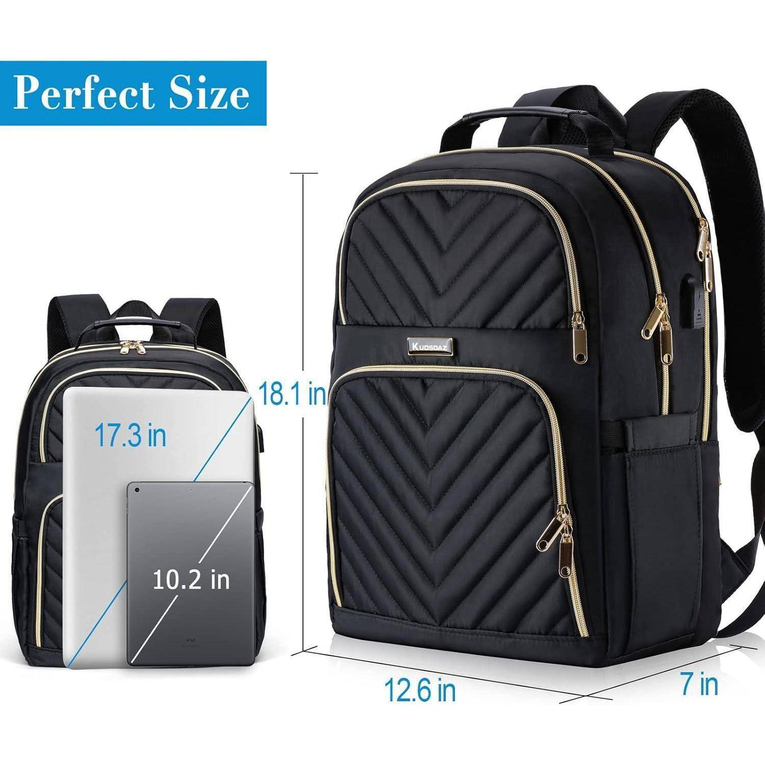 Schwarzer Rucksack mit goldenen Reißverschlüssen und den Abmessungen: Höhe 18,1 Zoll, Breite 12,6 Zoll, Tiefe 7 Zoll. Geeignet für Geräte bis 17,3 Zoll und 10,2 Zoll.