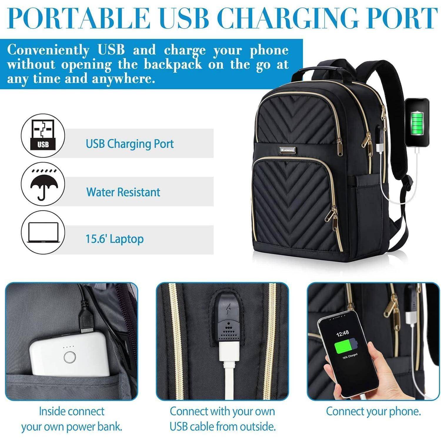 Ein schwarzer Rucksack mit USB-Ladeanschluss, der ein Handy von einer Powerbank lädt. Zu den Merkmalen gehören Wasserresistenz und Platz für ein Laptop mit 15,6 Zoll.