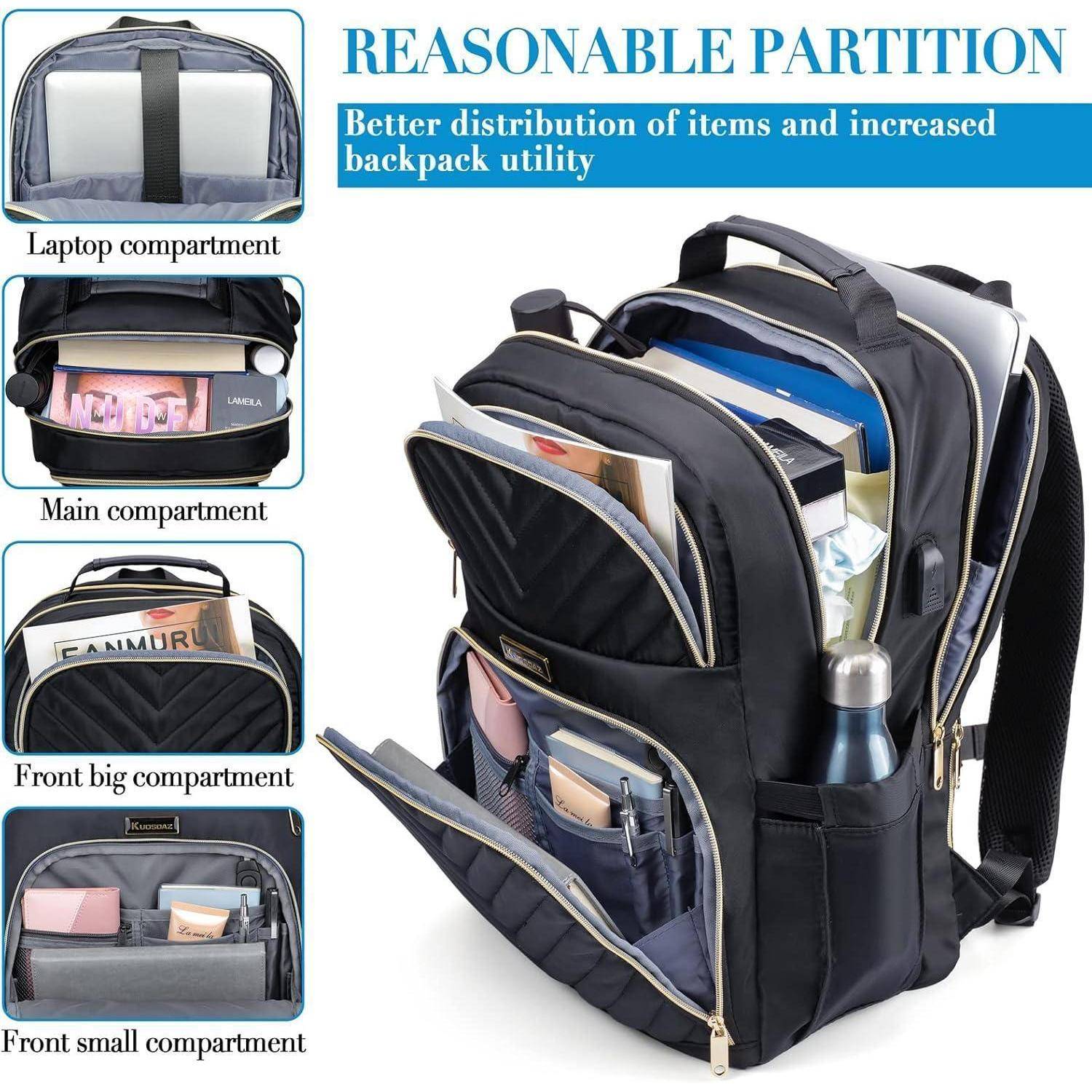 Rucksack mit mehreren Fächern zur Organisation: Laptop, Hauptfach, großes Vorderfach und kleines Vorderfach. Text lautet 'ZWECKMÄSSIGE UNTERTEILUNG.