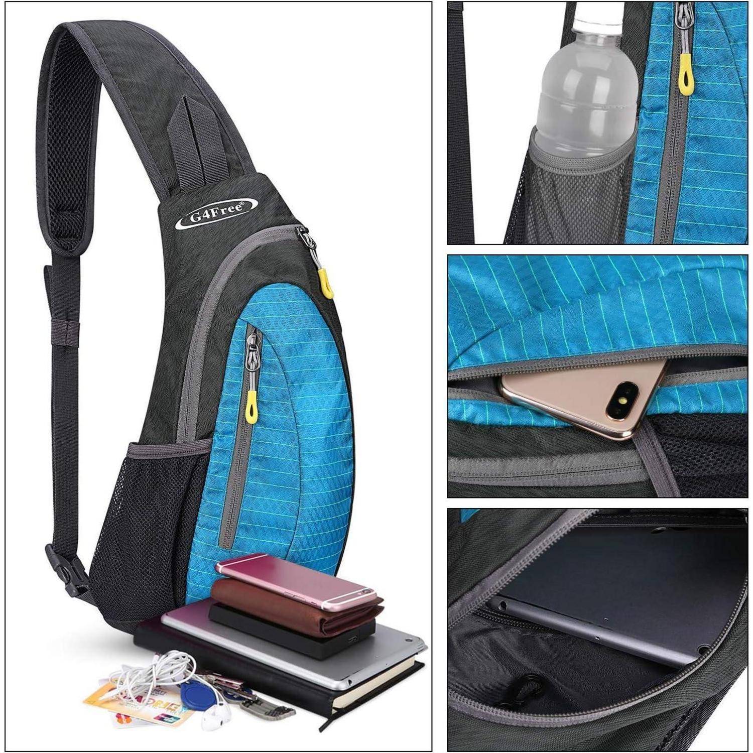 Kleine blaue und schwarze Umhänge-Rucksack mit mehreren Taschen, die Stauraum für eine Wasserflasche, Handy, Tablet und andere Gegenstände zeigt.