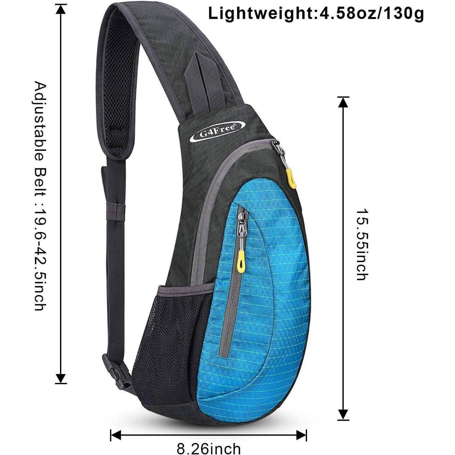 Umhängetasche mit verstellbarem Riemen, Abmessungen 15,5 x 8,26 Zoll, leicht mit 4,58 Unzen/130 g, verfügt über eine blaue Fronttasche mit Reißverschluss.