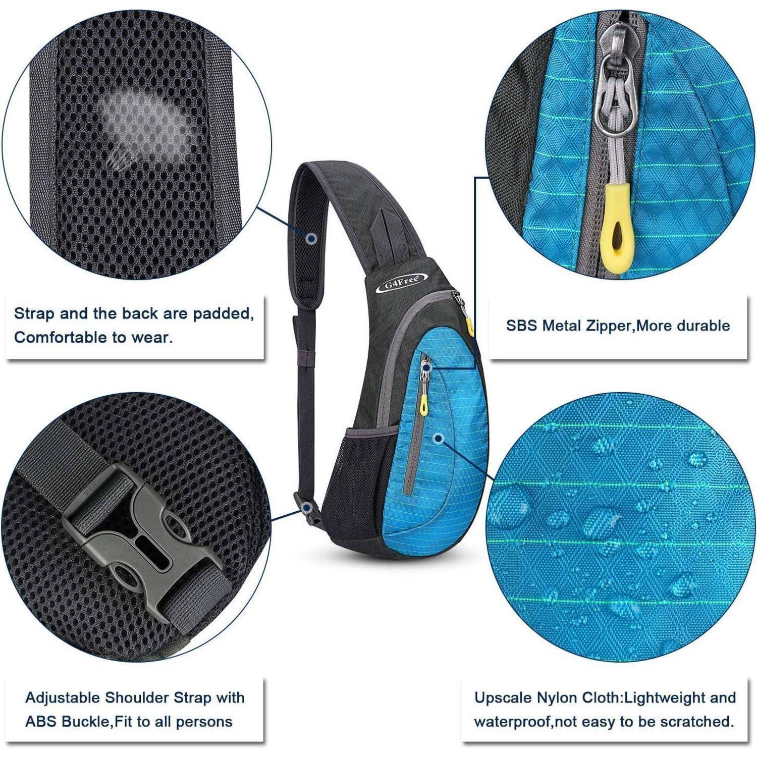 Ein blauer Sling-Rucksack mit gepolstertem Träger und Rückseite, SBS-Metallreißverschluss, verstellbarem Riemen mit ABS-Schnalle und leichtem Nylonmaterial.