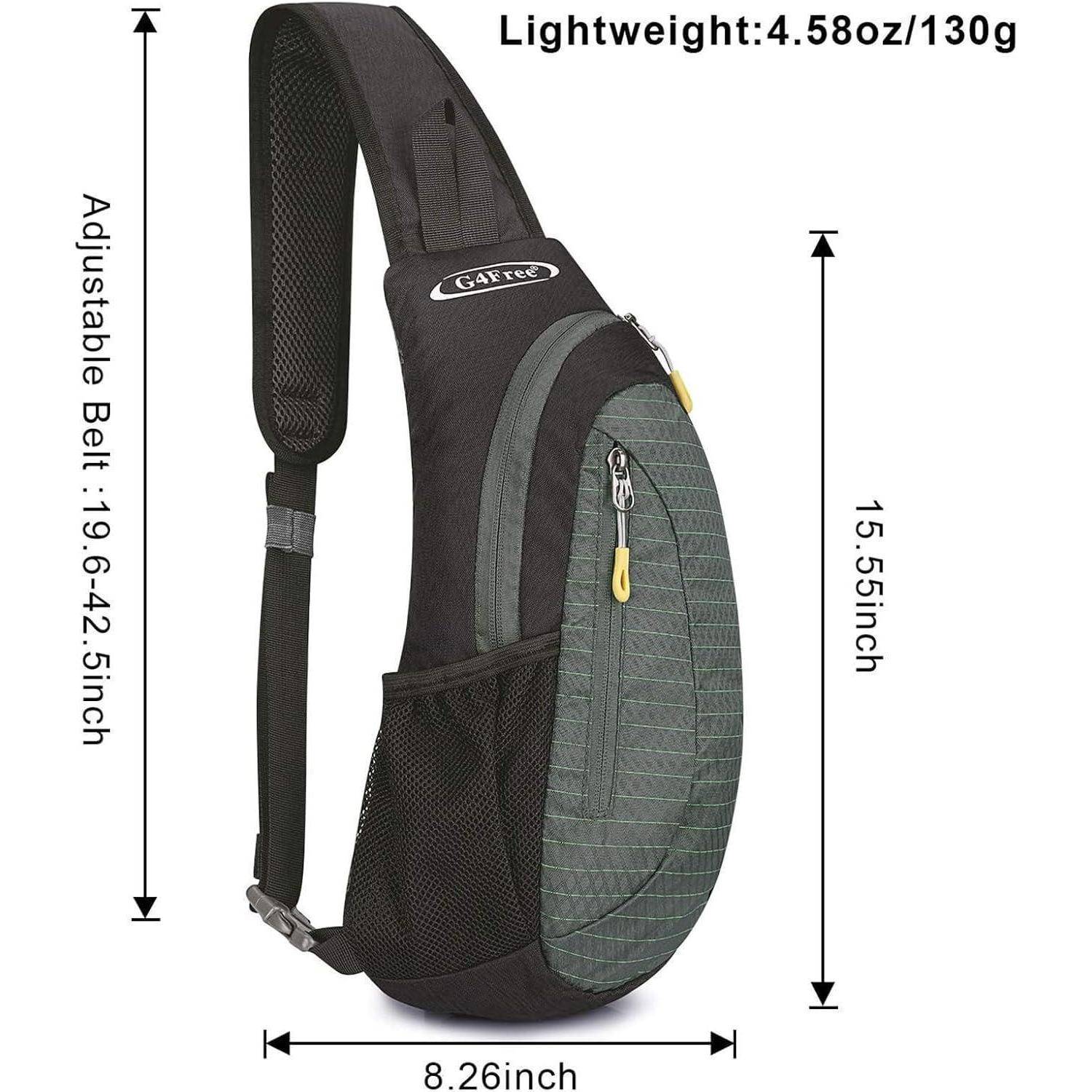 Ein schwarzer und grauer Sling-Rucksack mit verstellbaren Trägern. Abmessungen wie folgt: 19-42,5 Zoll (Gürtel), 15,5 Zoll (Höhe), 8,26 Zoll (Breite). Leichtgewicht: 4,58 oz (130g).