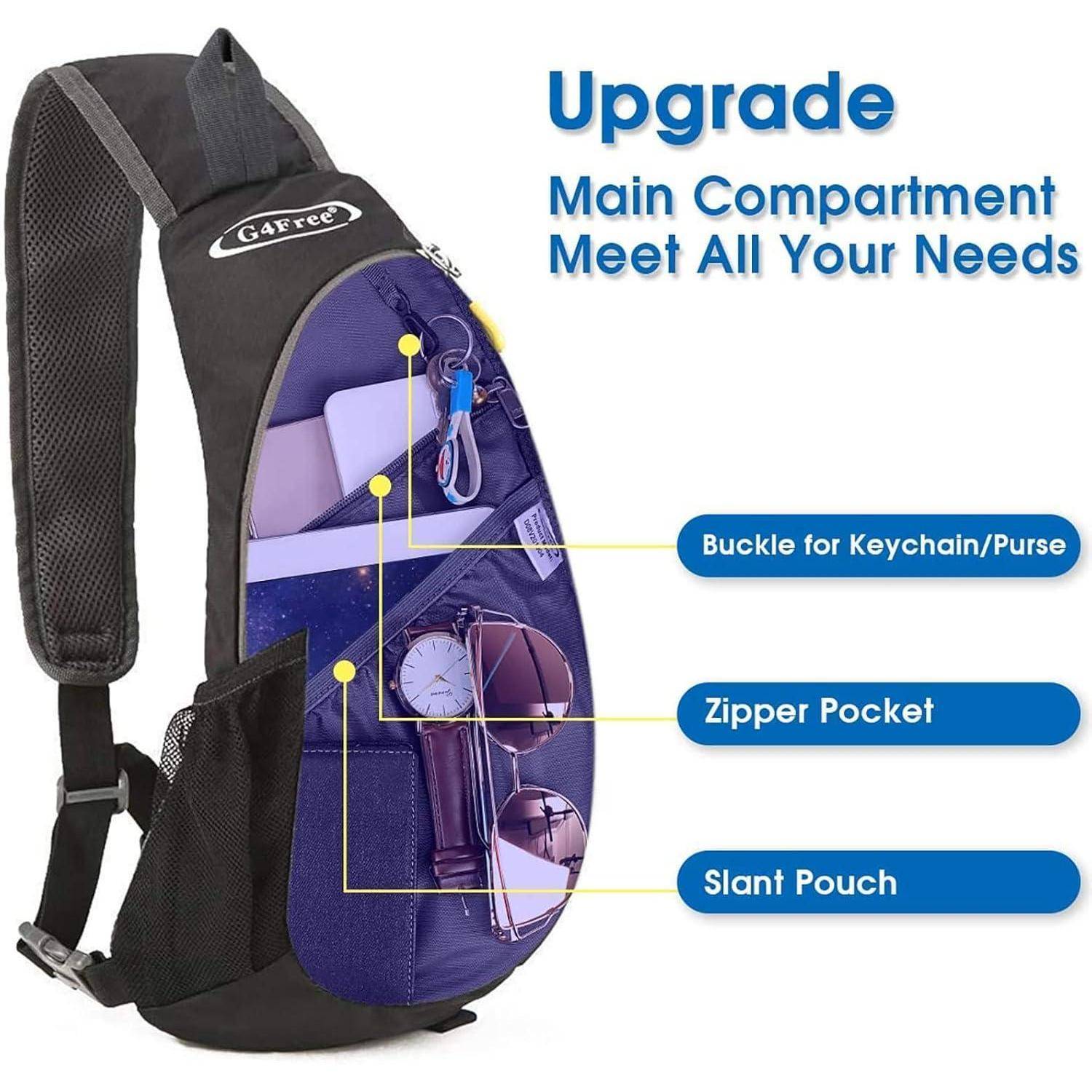 Ein schwarzer Umhängerucksack mit hervorgehobenen Fächern für eine Schnalle, eine Reißverschlusstasche und eine schräge Tasche. Text lautet: „Hauptfach upgraden – Alle Ihre Bedürfnisse erfüllen.