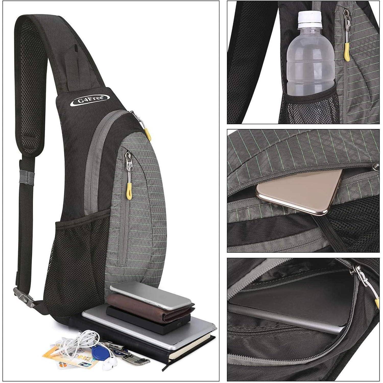 Eine Crossbody-Umhängetasche mit mehreren Fächern hält eine Wasserflasche, ein Smartphone und ein Tablet. Zubehör umfasst Schlüssel und Kabel.