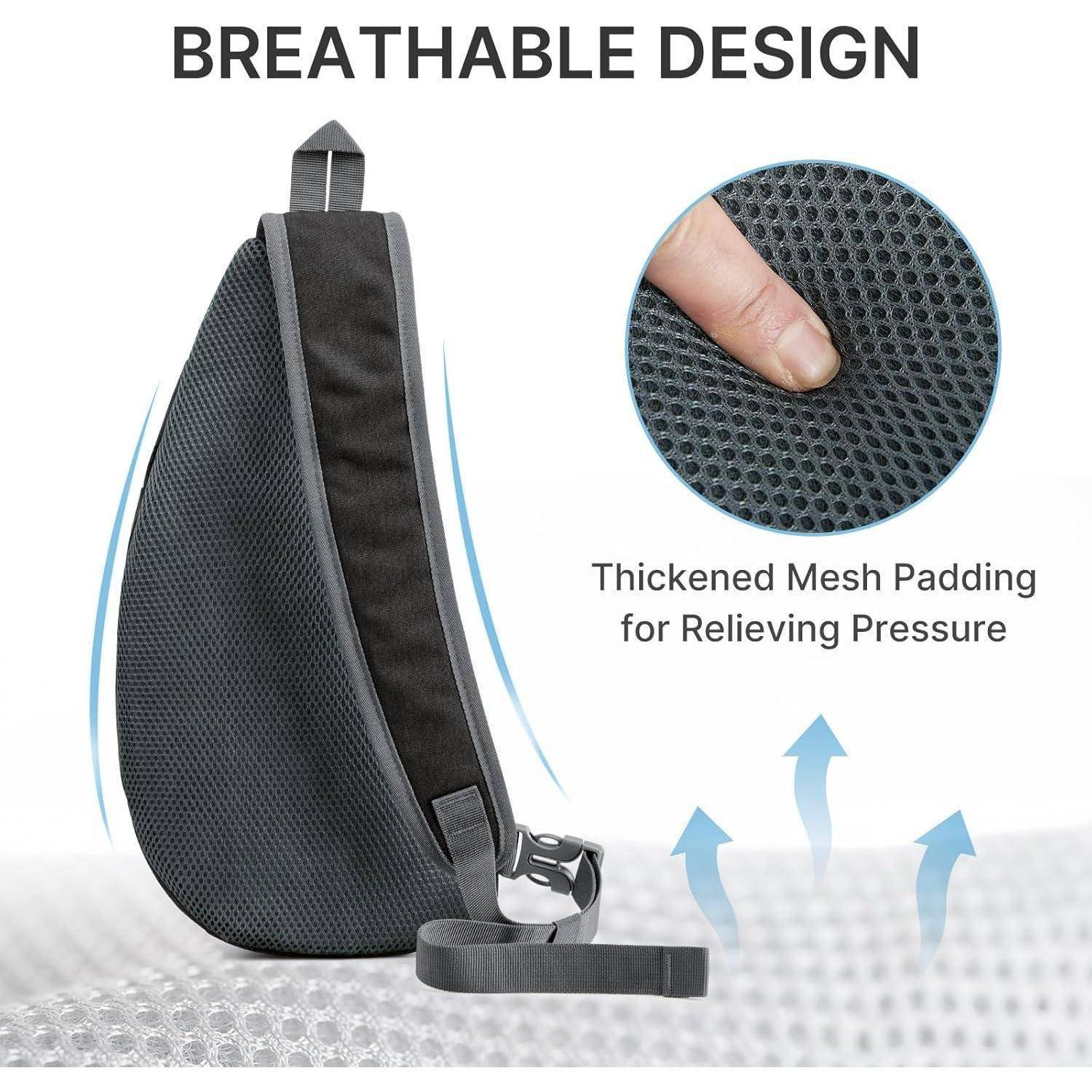 Seitenansicht einer Tasche mit dicker Netzpolsterung und einem Finger, der das Netz drückt. Text lautet: „Verstärkte Netzpolsterung zur Druckentlastung.