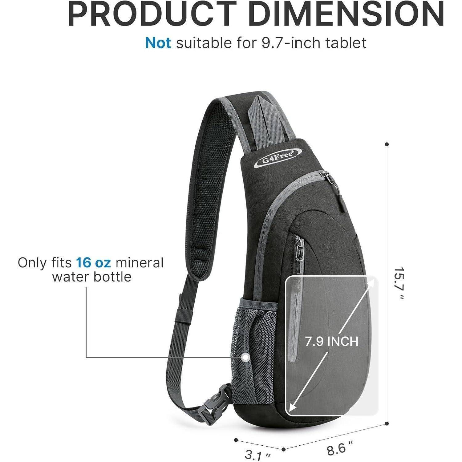 Schwarzer Umhänge-Rucksack auf weißem Hintergrund, mit Abmessungen: 15,7 Zoll hoch, 8,6 Zoll breit, 3,1 Zoll tief. Passt eine 0,5-Liter-Flasche, nicht geeignet für ein 9,7-Zoll-Tablet.