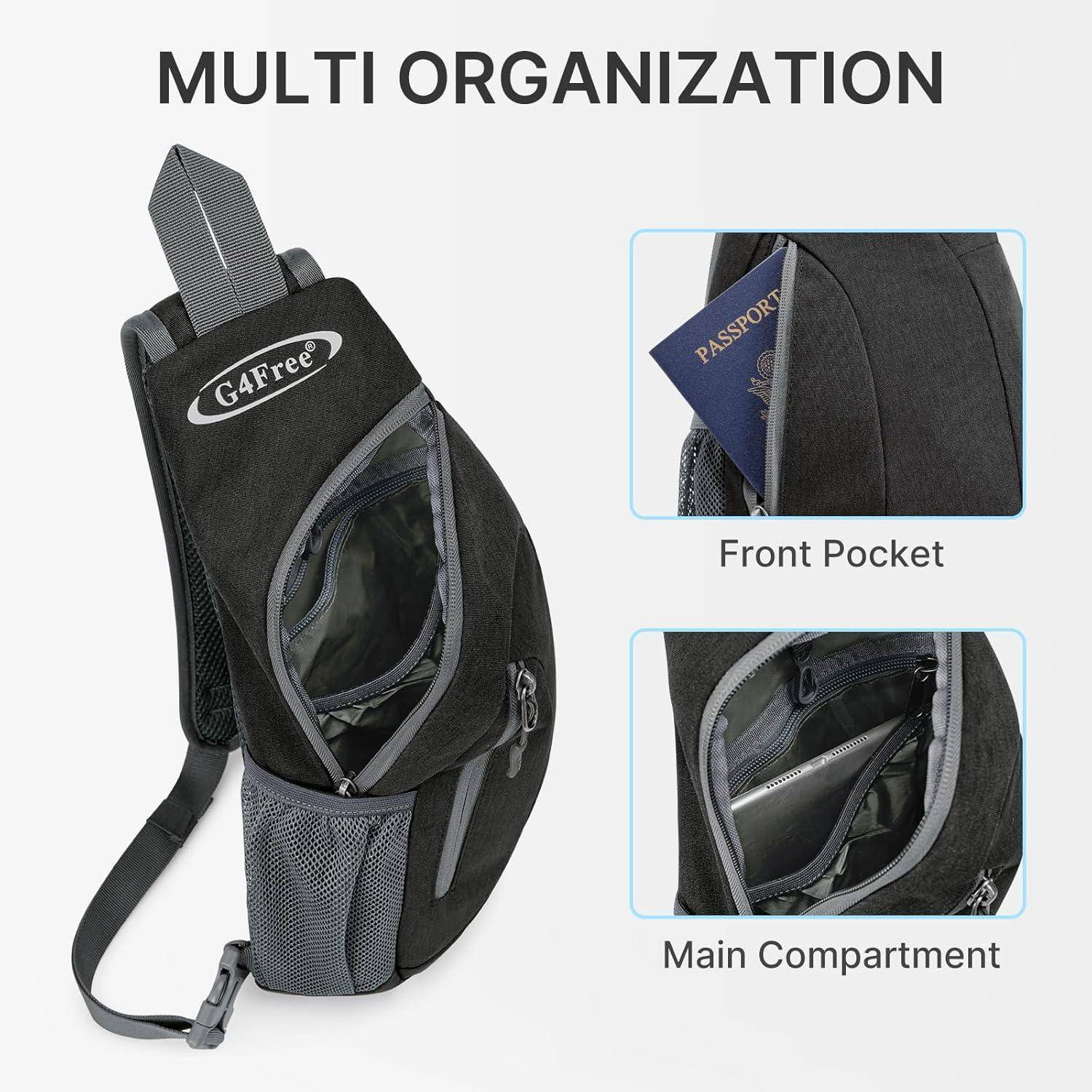 Schwarze Umhängetasche mit zwei Fächern. Die Vordertasche bietet Platz für einen Reisepass, und das Hauptfach zeigt Raum für weitere Gegenstände.