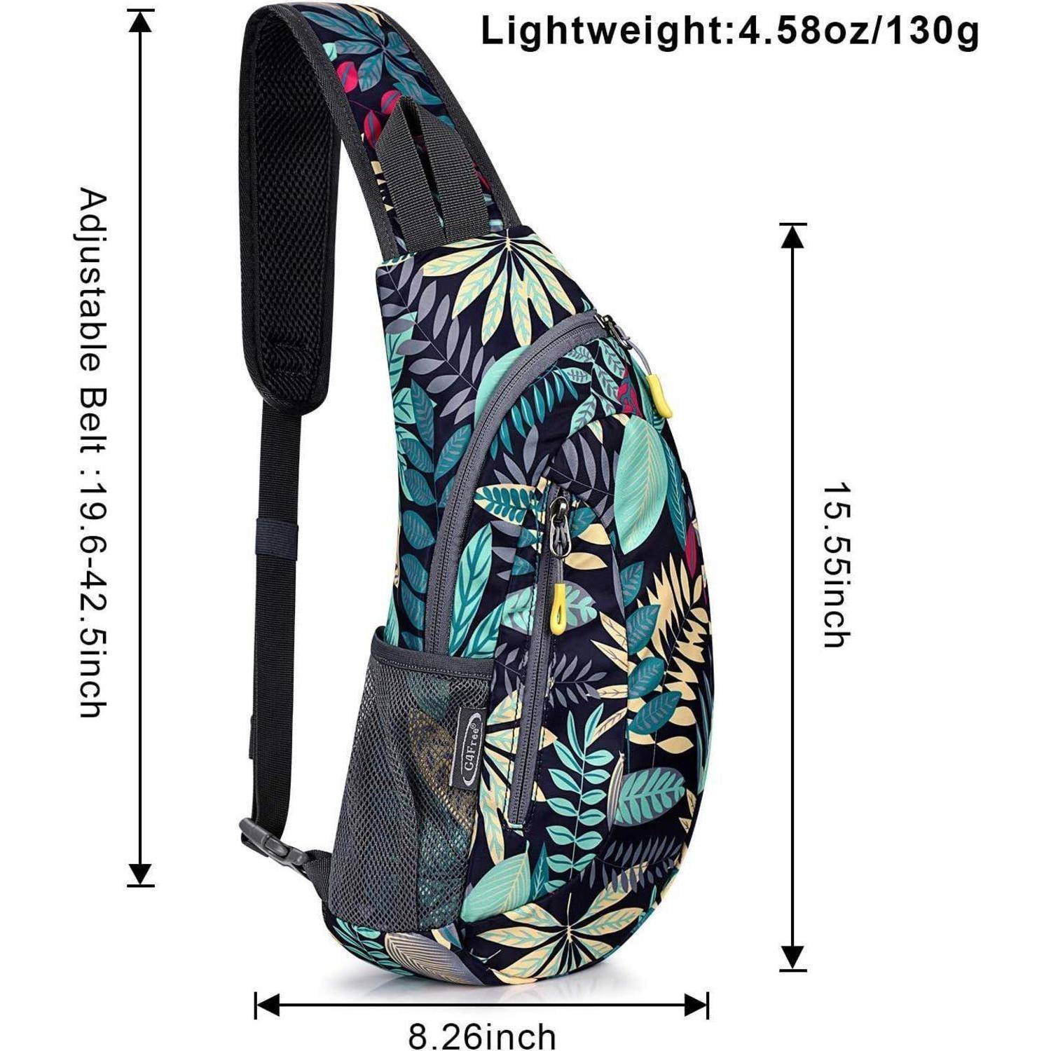 Blattmusteriger Sling-Rucksack mit Maßen: 39,5 cm Höhe, 21 cm Breite. Ausgestattet mit verstellbarem Gurt und Tasche. Leicht mit nur 130 Gramm.