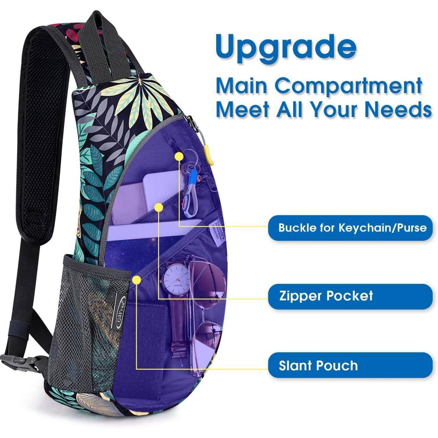 Schleuderucksack mit Blumenmuster, gekennzeichnete Merkmale umfassen ein Hauptfach, Schnalle für Schlüsselbund oder Handtasche, Reißverschlusstasche und eine schräge Tasche.