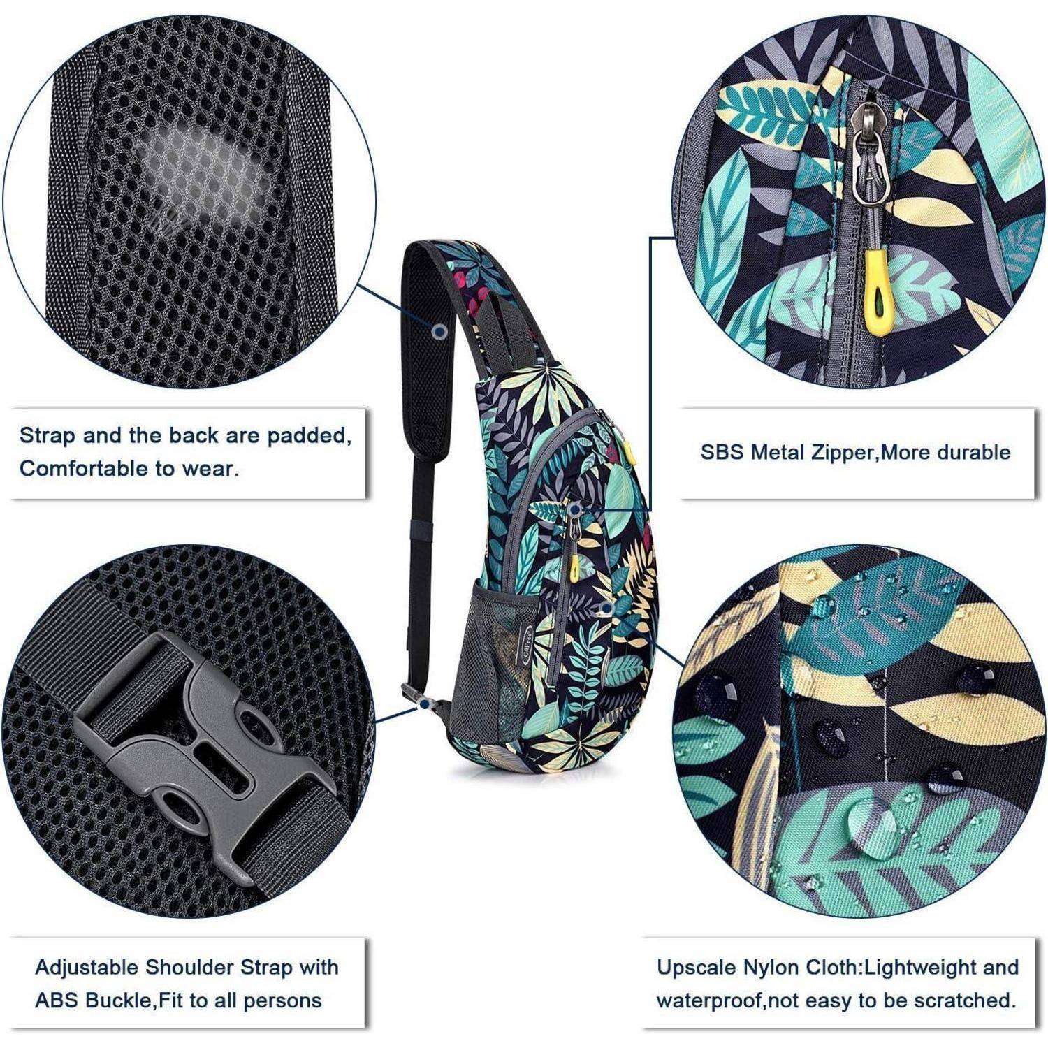 Umhängetasche mit Blattmuster, ausgestattet mit verstellbarem Riemen, gepolsterter Rückseite, SBS-Metallreißverschluss und wasserabweisendem Nylonstoff für Langlebigkeit.